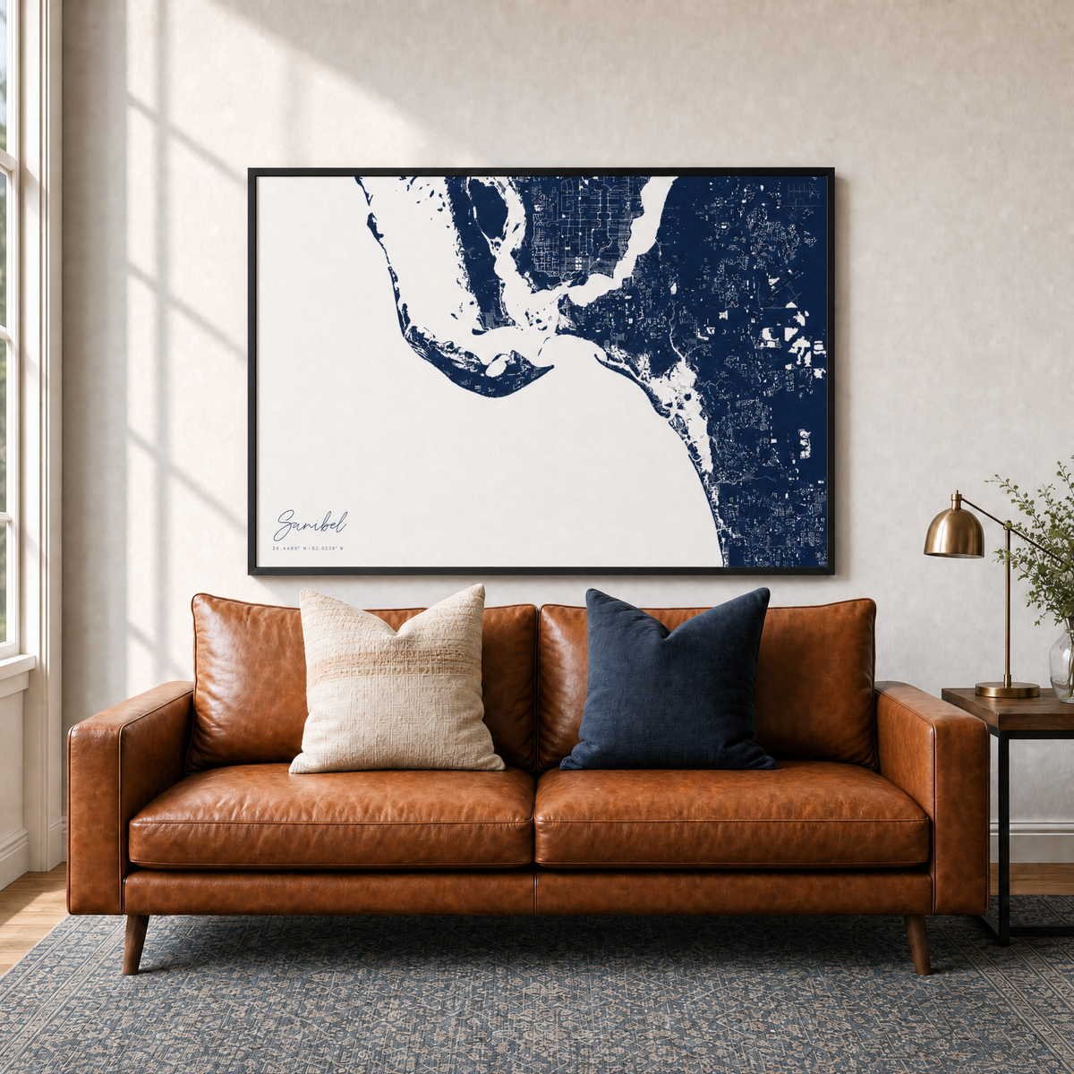 Sanibel canvas map — two-pillow black-frame sofa interior