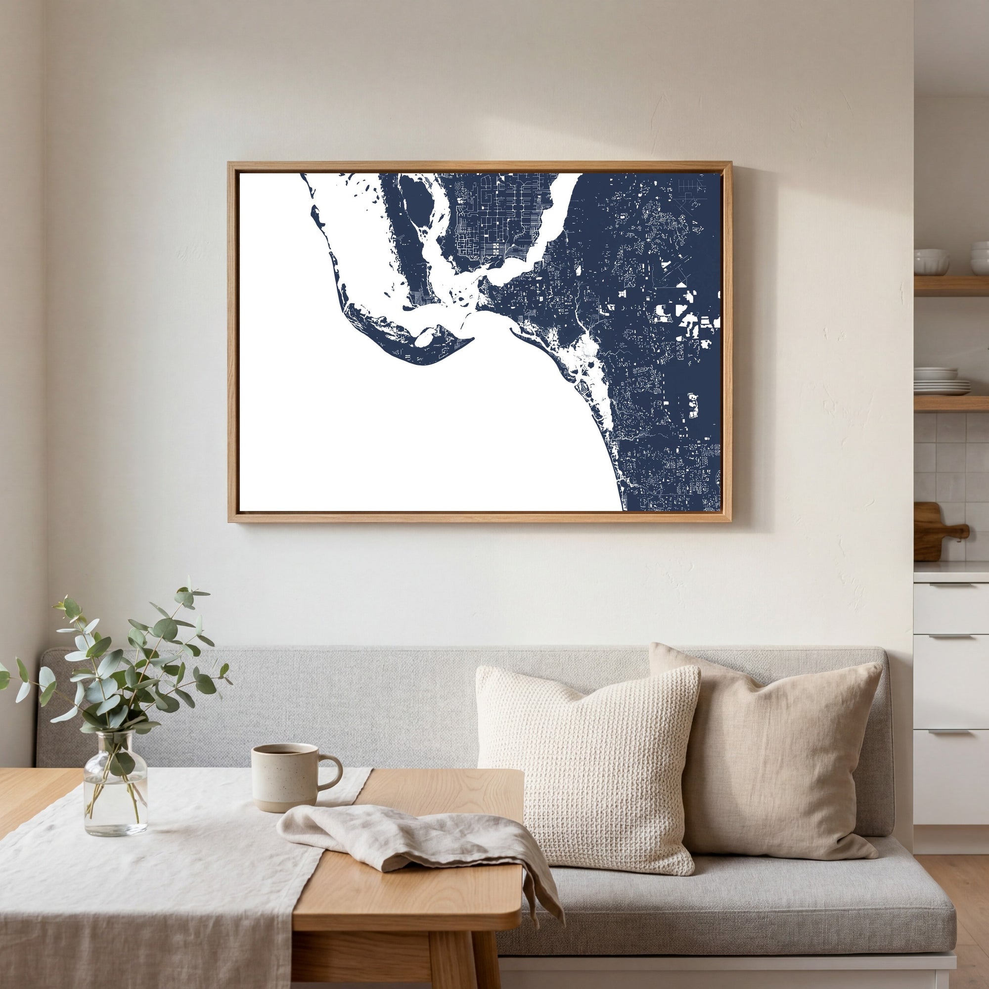 Sanibel navy horizontal canvas map in an oak framed room scene