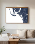 Sanibel navy horizontal canvas map in an oak framed room scene