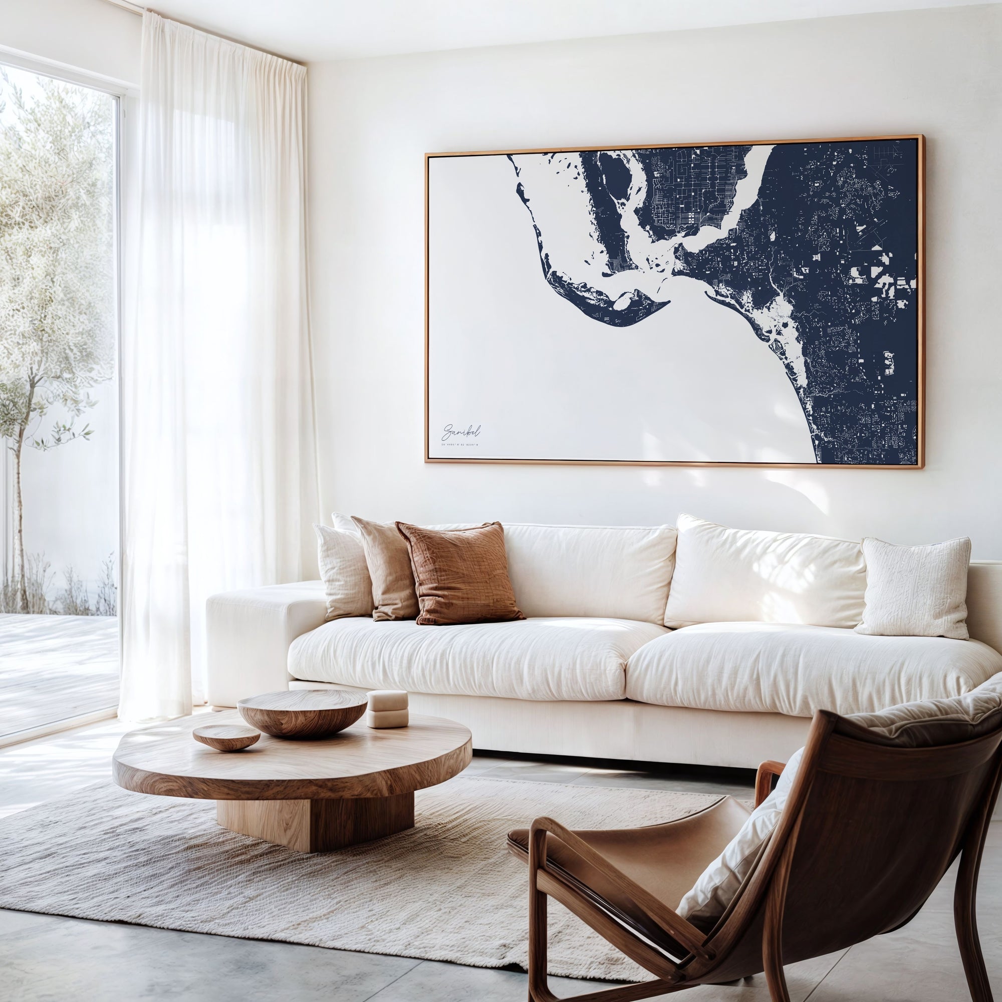 Sanibel navy horizontal canvas map in an oak framed room scene