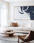 Sanibel navy horizontal canvas map in an oak framed room scene