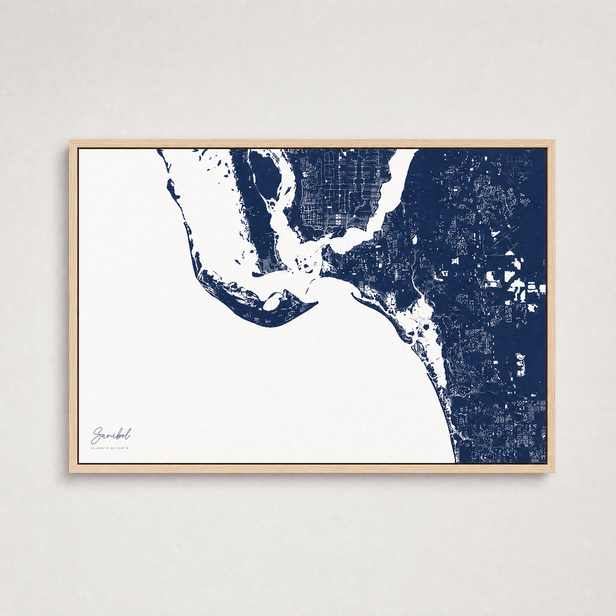 Sanibel Coastal Map — Canvas Horizontal — navy, Light Wood