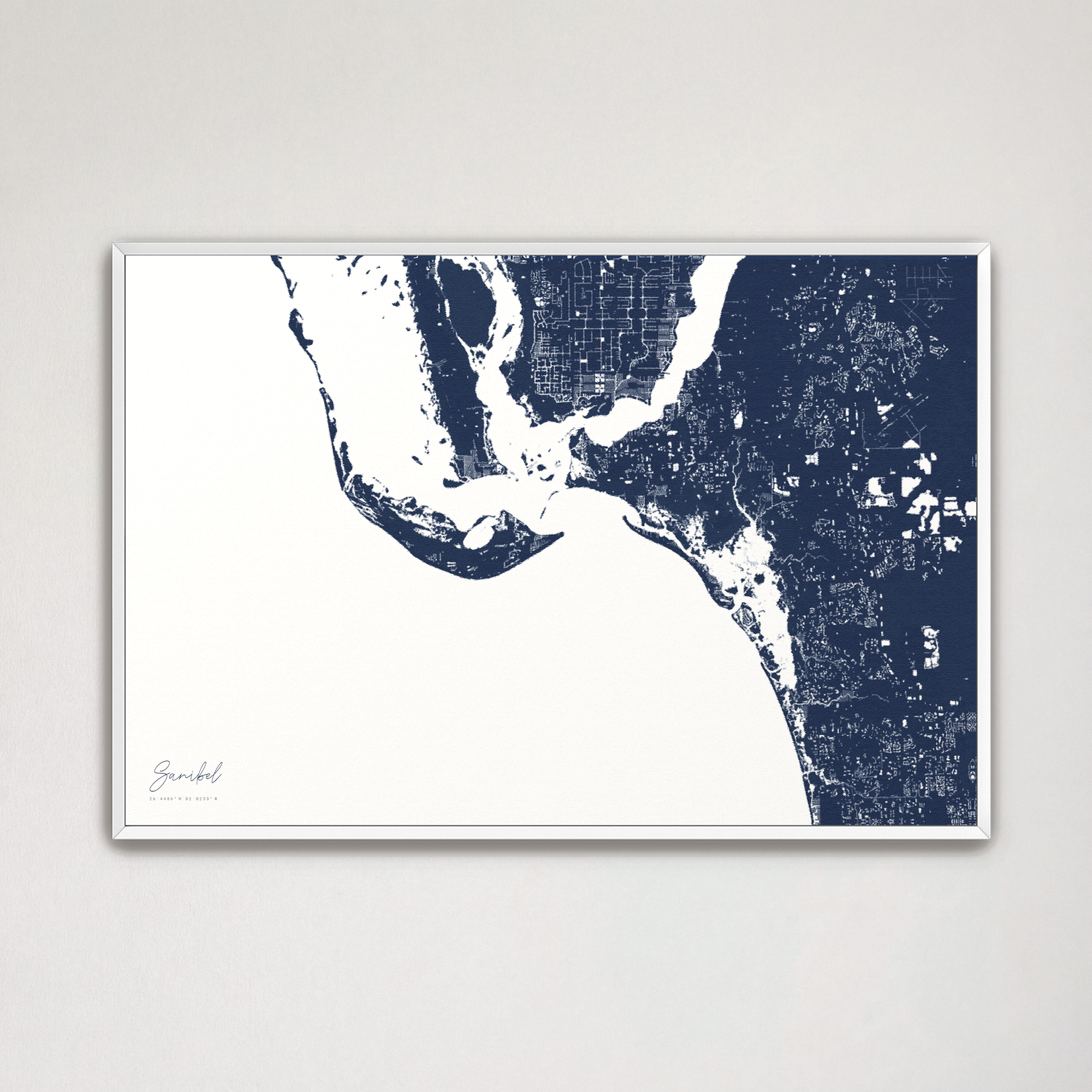 Sanibel Coastal Map — Canvas Horizontal, navy, White Frame