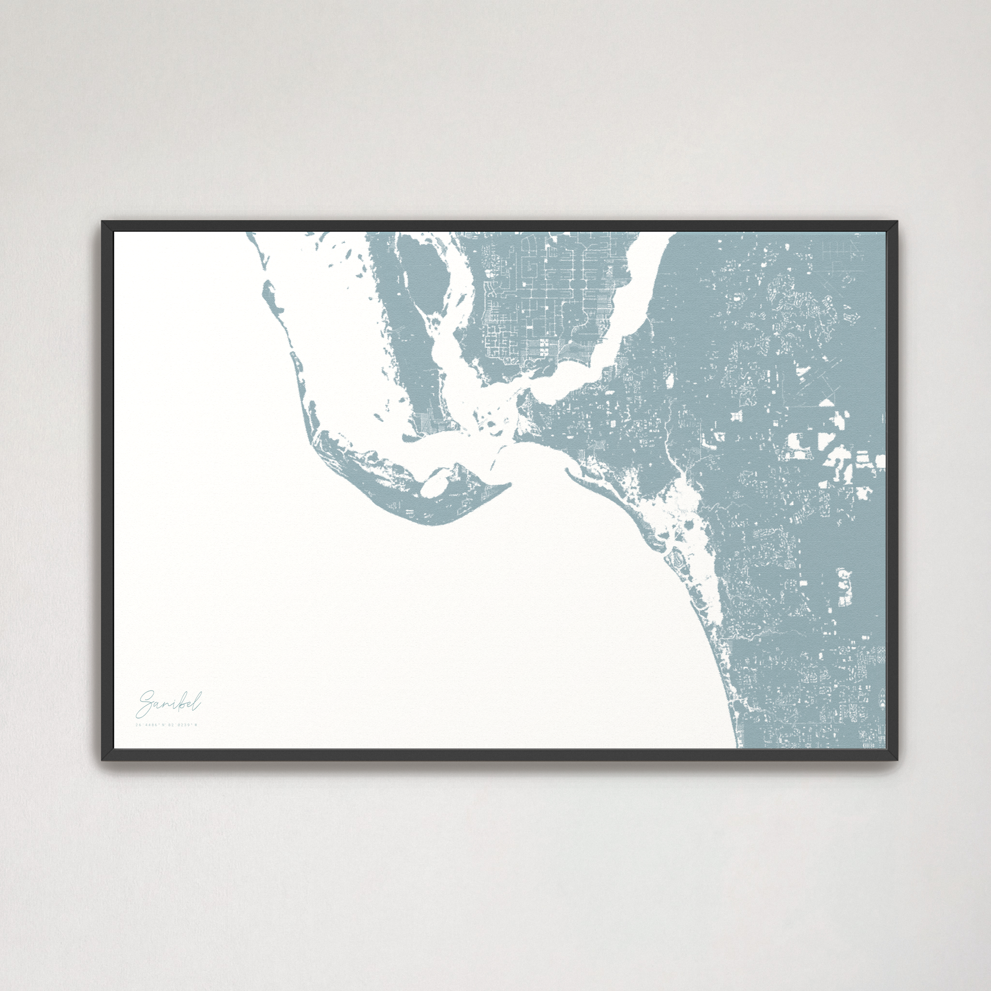 Sanibel Coastal Map — Canvas Horizontal, soft-blue, Black Frame