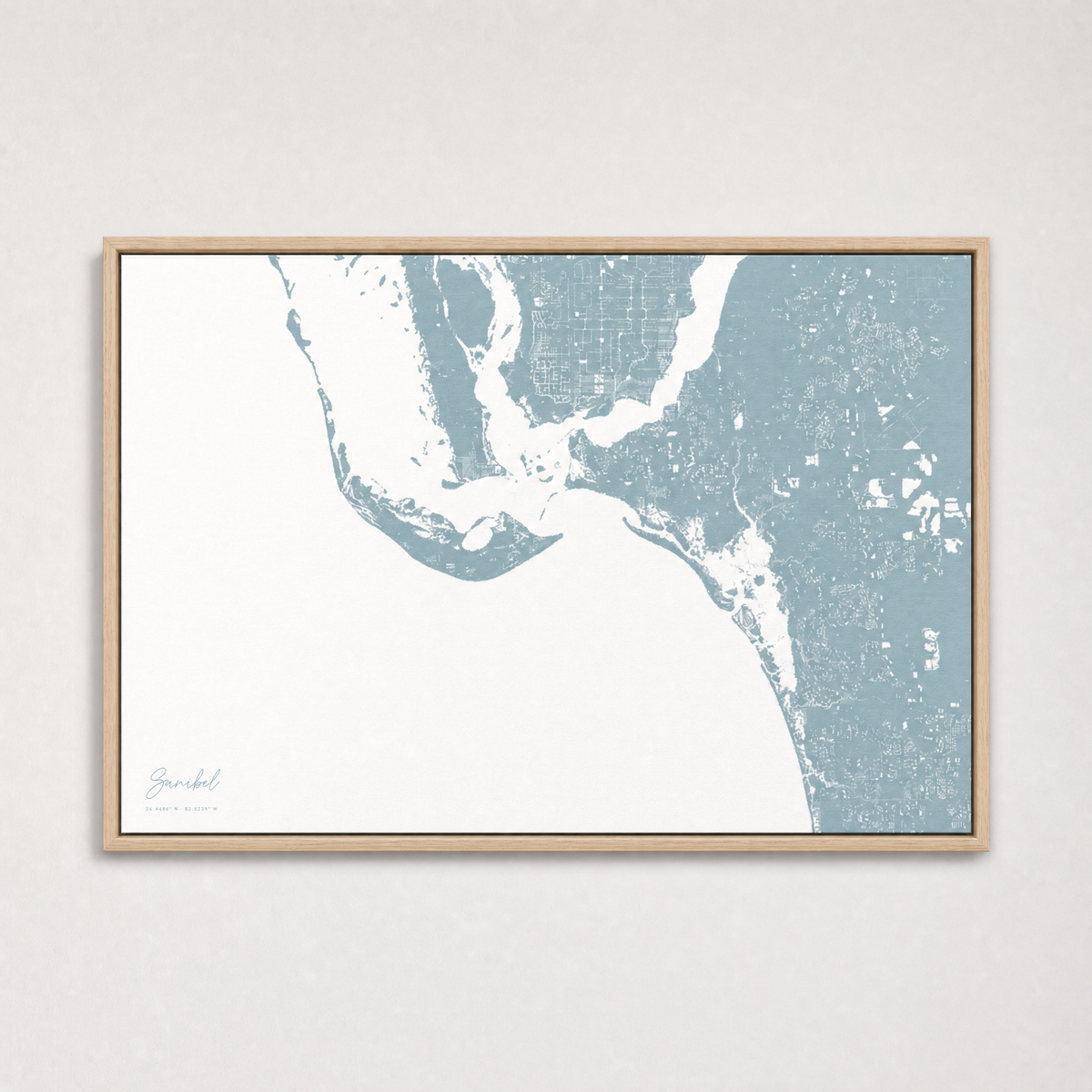 Sanibel Coastal Map — Canvas Horizontal — soft-blue, Light Wood