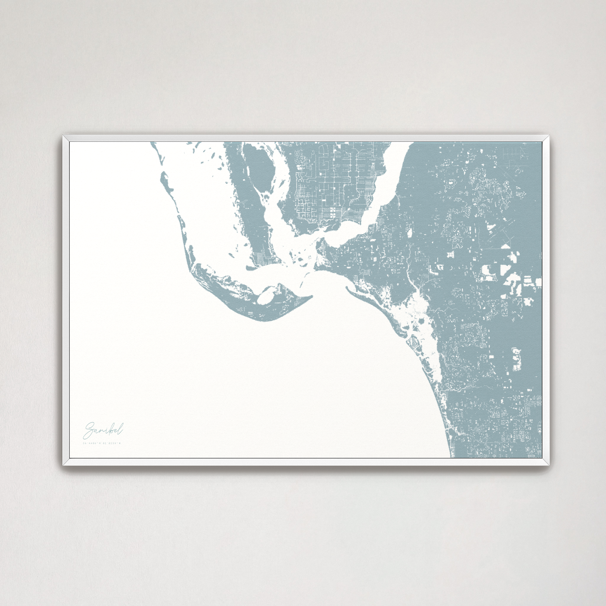Sanibel Coastal Map — Canvas Horizontal, soft-blue, White Frame