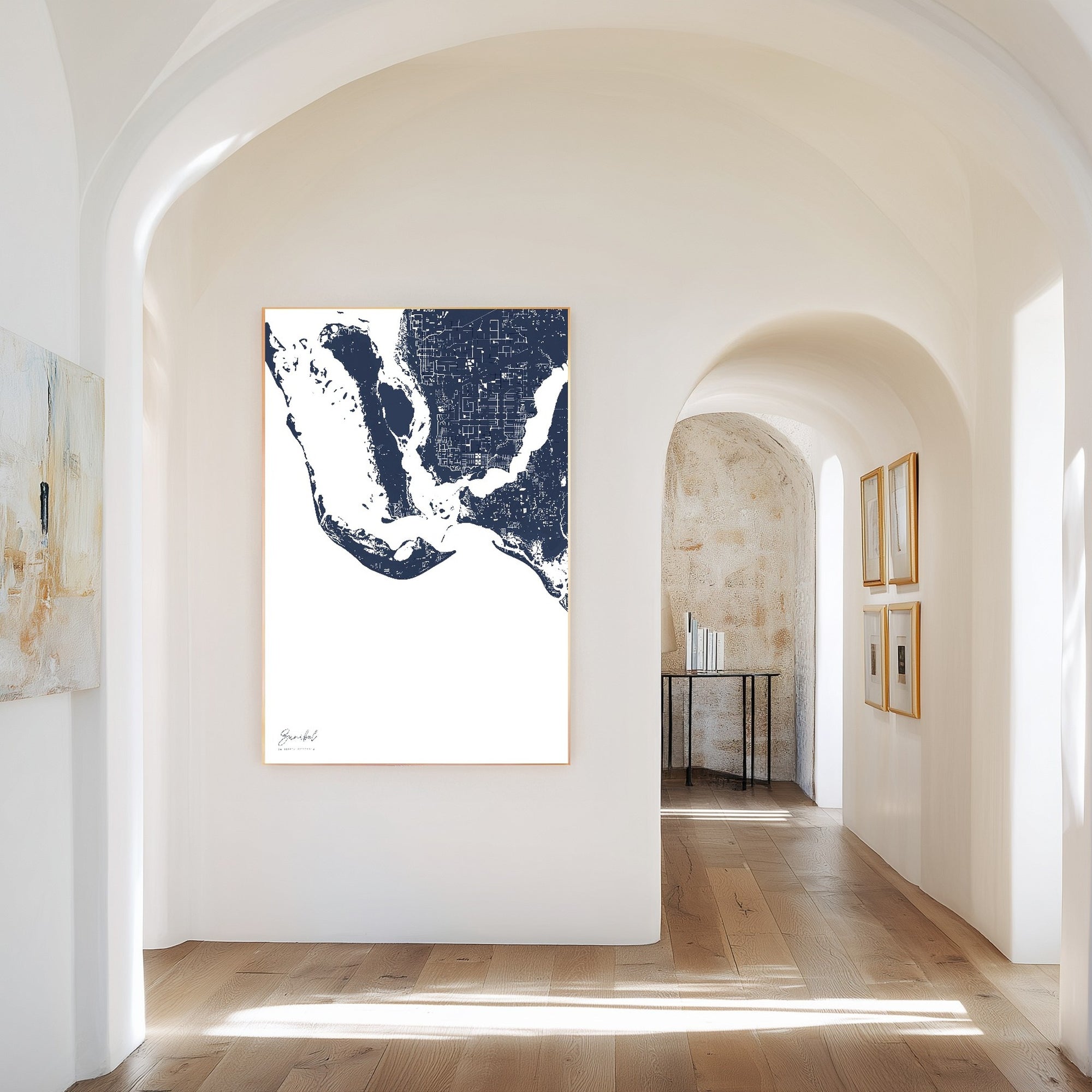 Sanibel navy vertical canvas map in the Bello mixed room scene