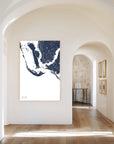Sanibel navy vertical canvas map in the Bello mixed room scene