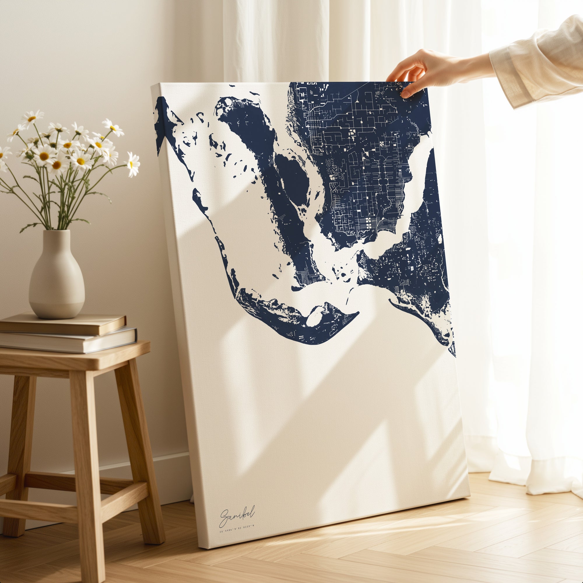 Sanibel navy vertical wrapped canvas map in the ratio 2:3 hand mockup