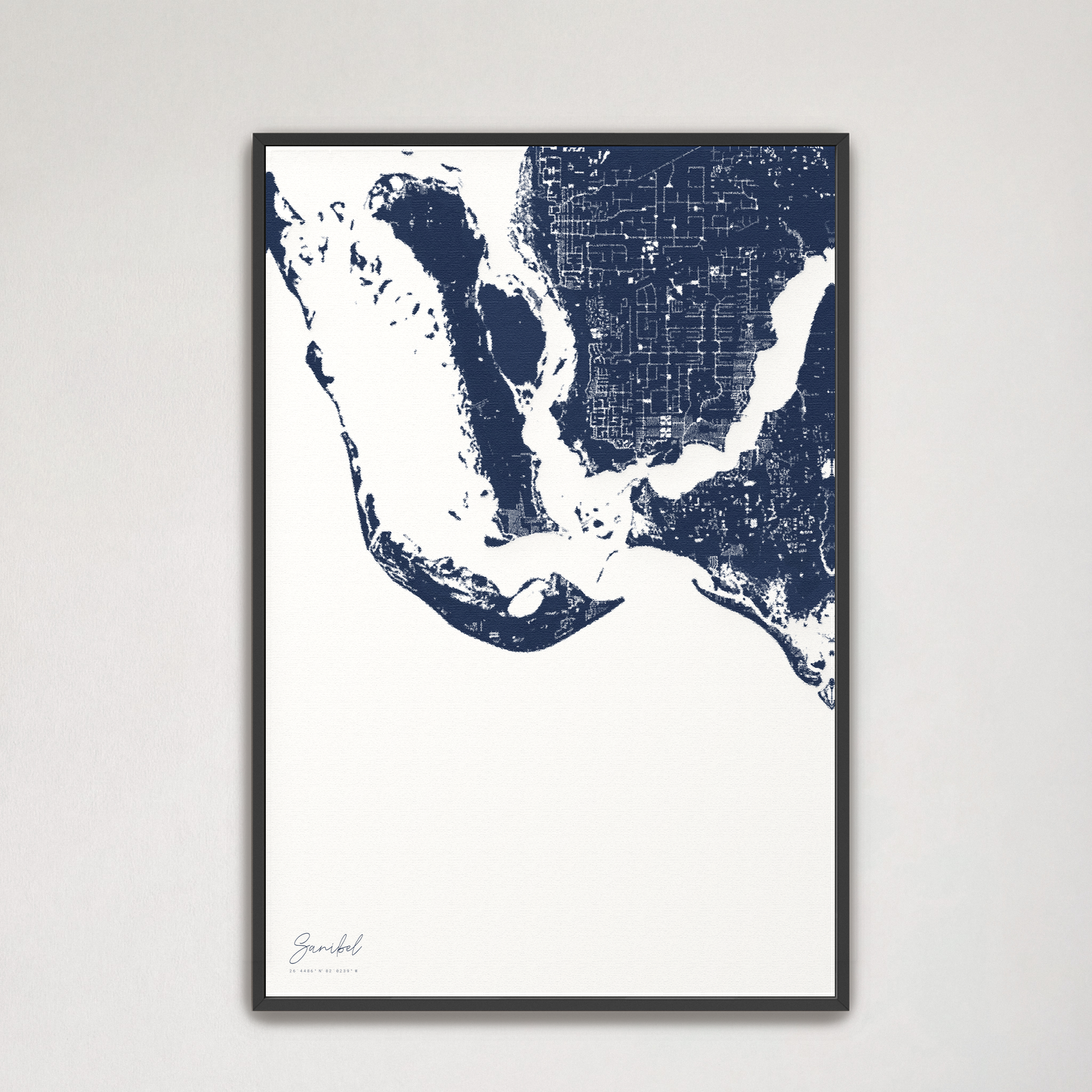 Sanibel Coastal Map — Canvas Vertical, navy, Black Frame