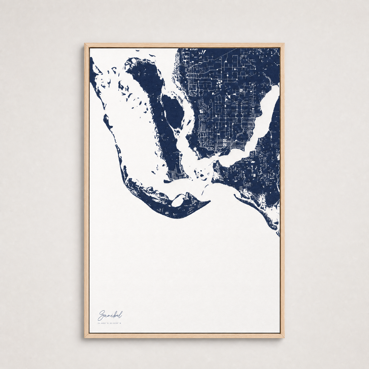 Sanibel Coastal Map — Canvas Vertical — navy, Light Wood