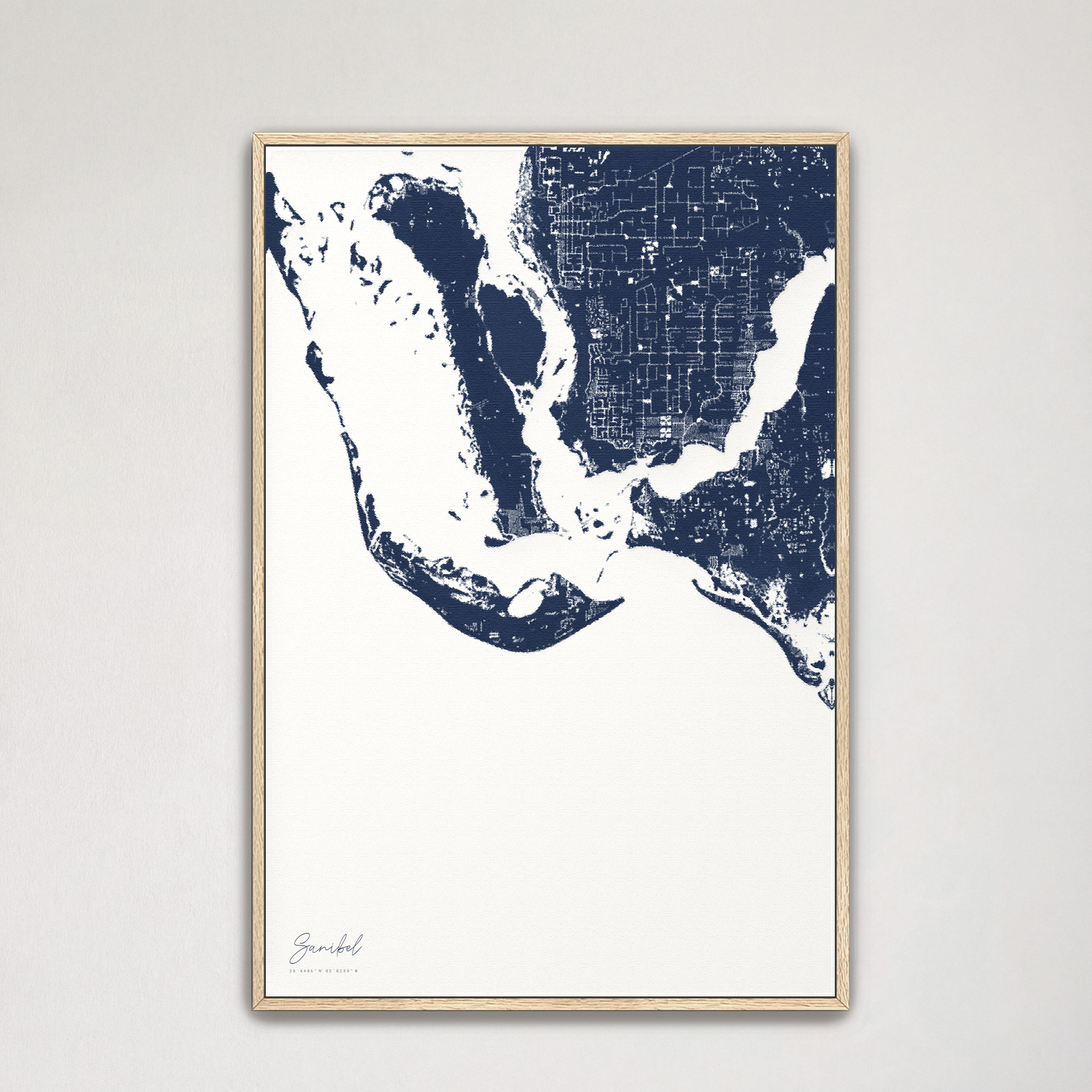 Sanibel Coastal Map — Canvas Vertical, navy, Natural Oak