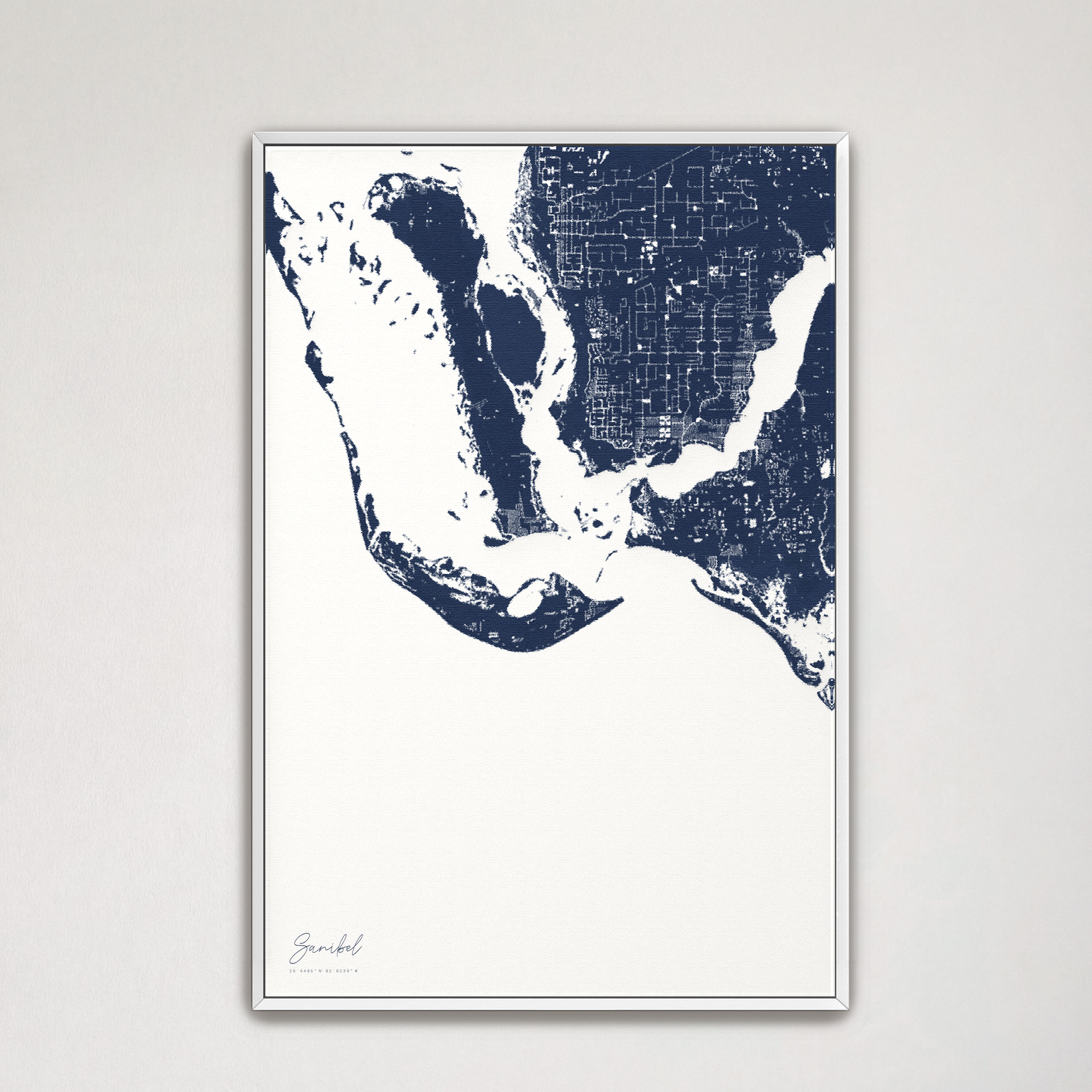 Sanibel Coastal Map — Canvas Vertical, navy, White Frame