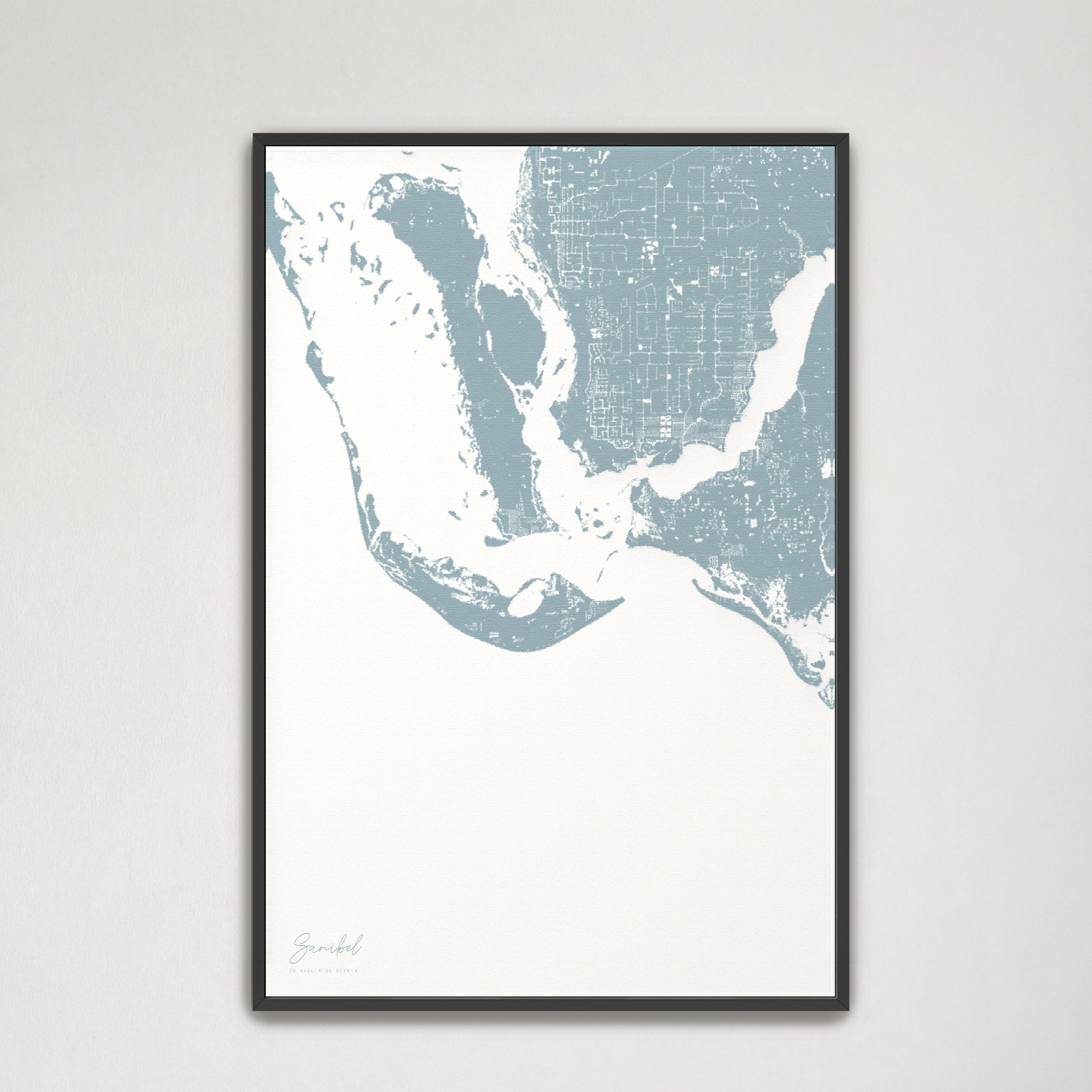Sanibel Coastal Map — Canvas Vertical, soft-blue, Black Frame