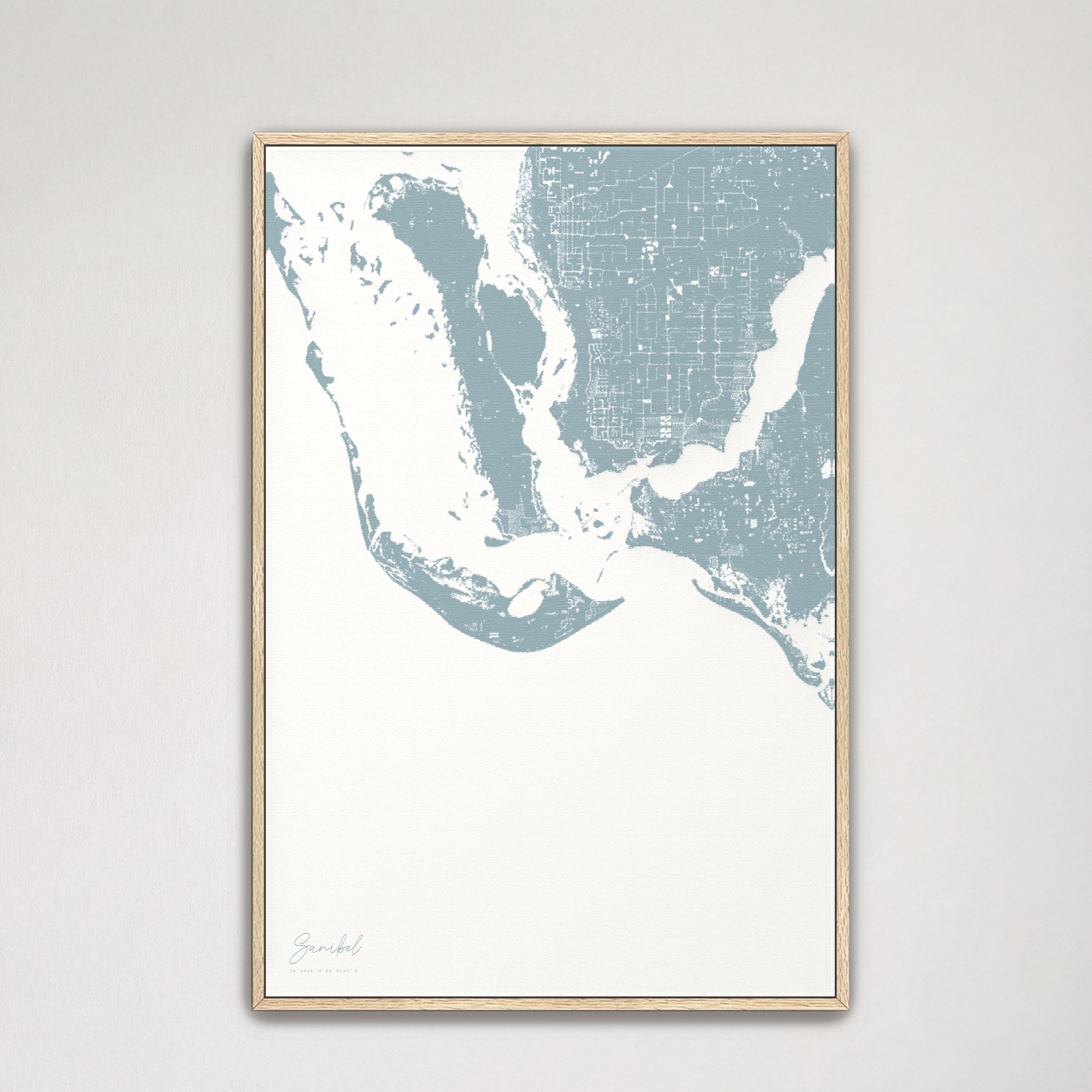 Sanibel Coastal Map — Canvas Vertical, soft-blue, Natural Oak