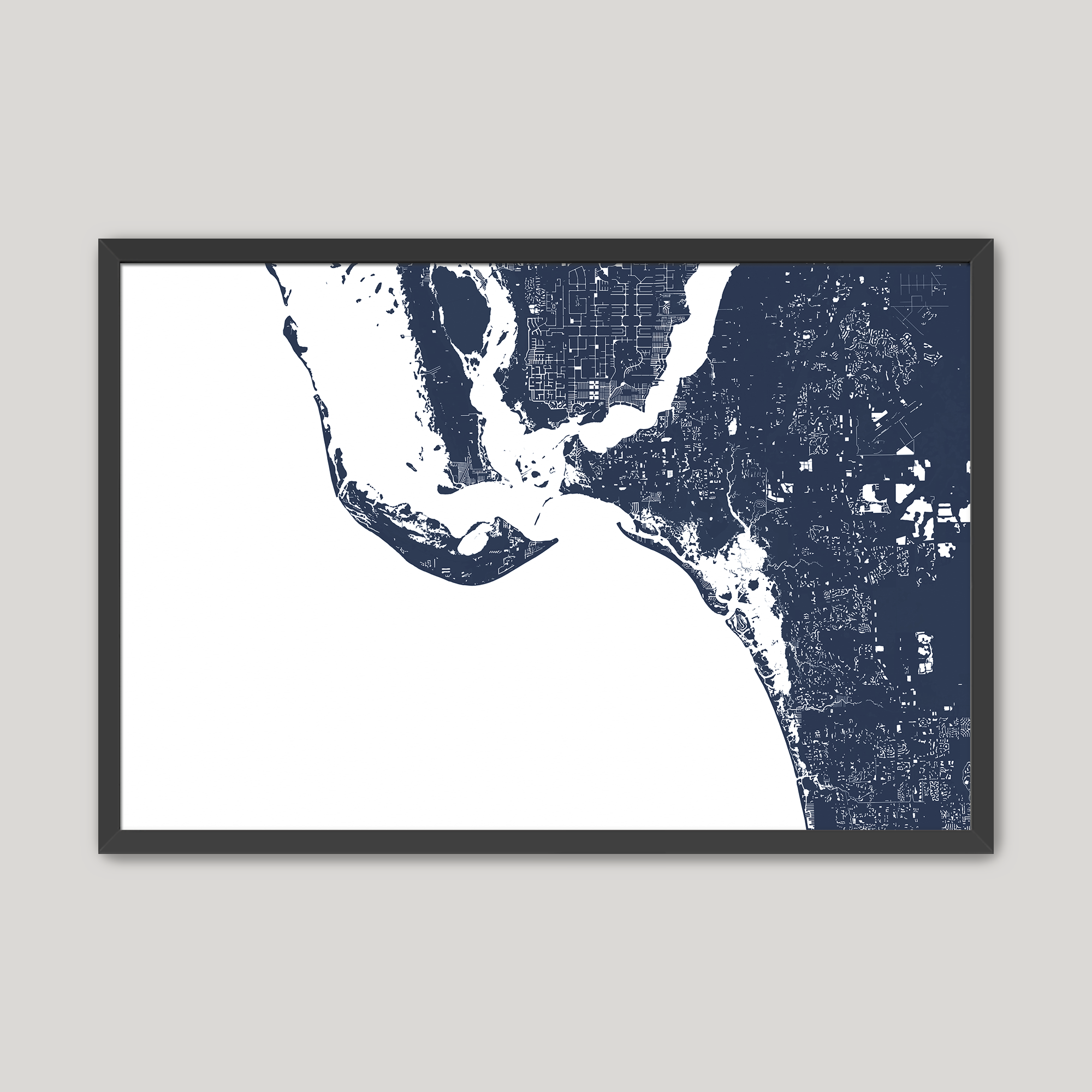 Sanibel Coastal Map — Fine Art Print Horizontal, navy, Black Frame, 10x8