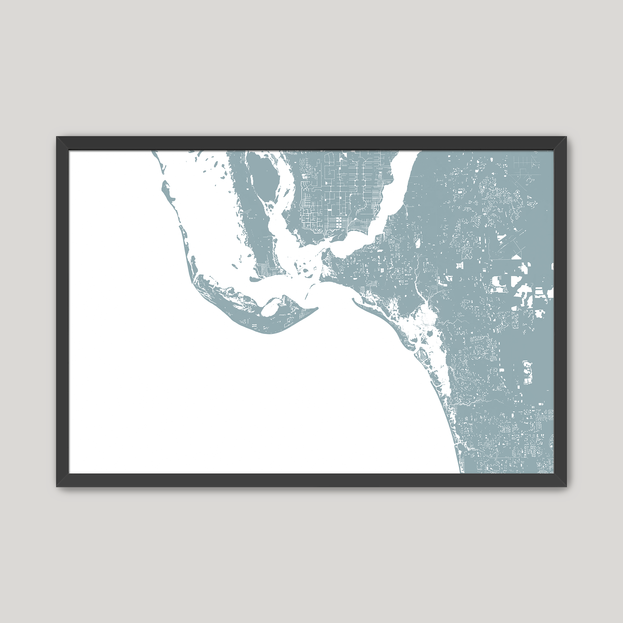 Sanibel Coastal Map — Fine Art Print Horizontal, soft-blue, Black Frame, 10x8