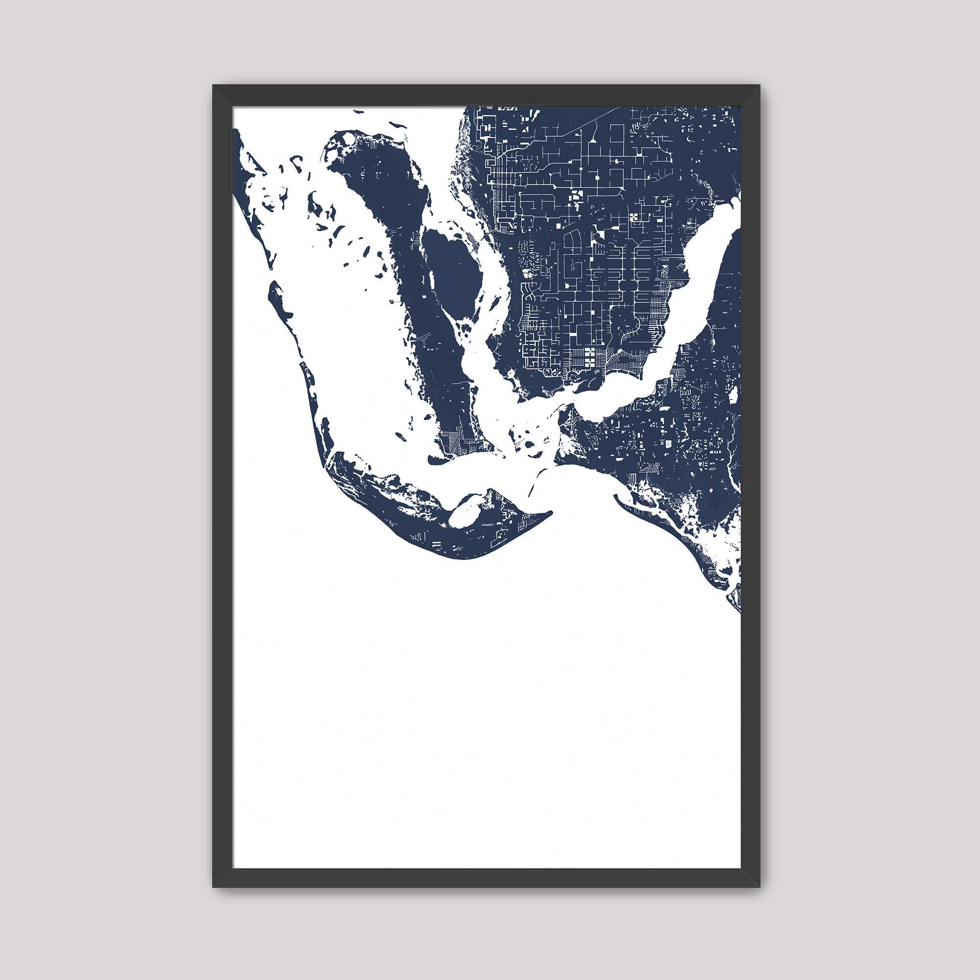 Sanibel Coastal Map — Fine Art Print Vertical, navy, Black Frame, 8x10