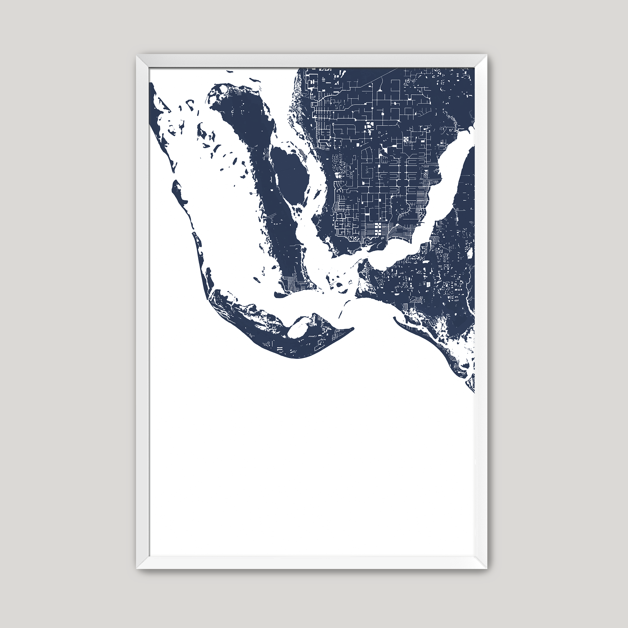 Sanibel Coastal Map — Fine Art Print Vertical, navy, White Frame, 8x10