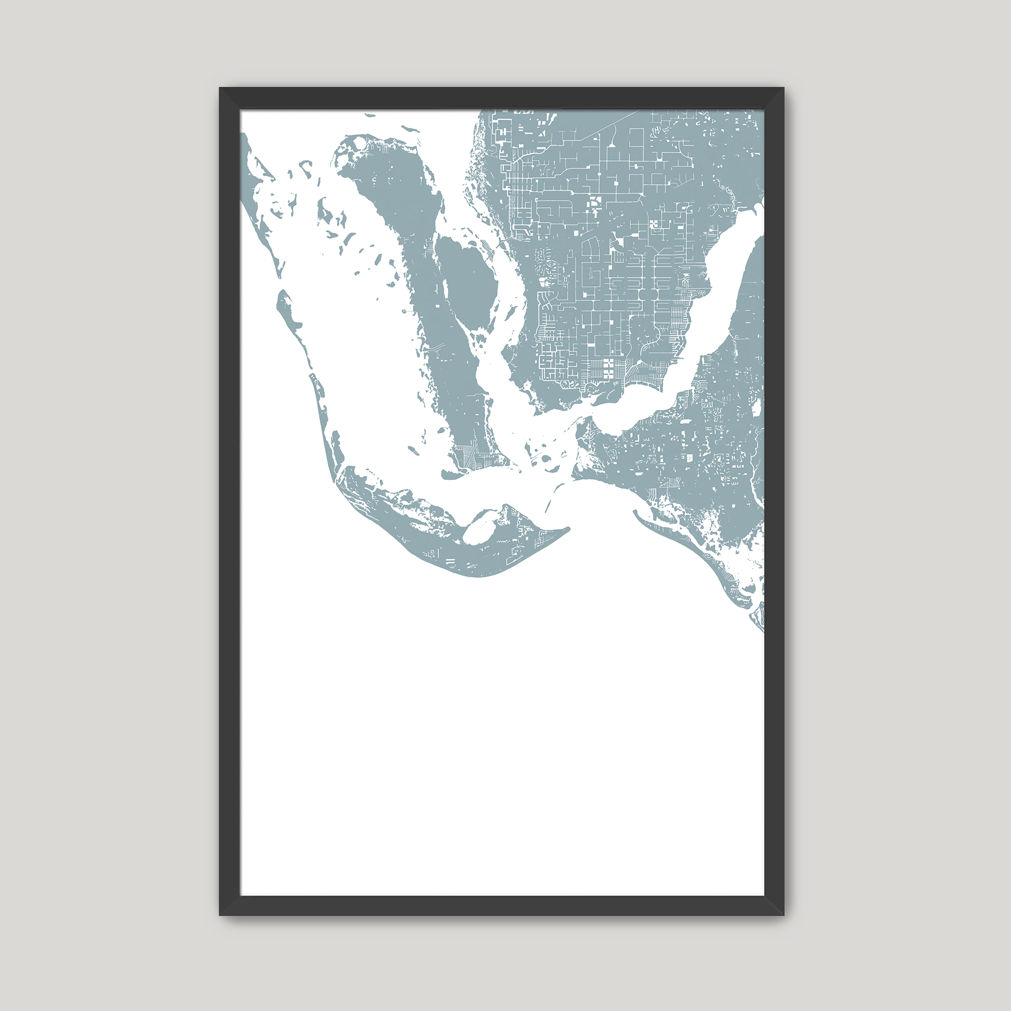 Sanibel Coastal Map — Fine Art Print Vertical, soft-blue, Black Frame, 8x10