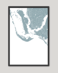 Sanibel Coastal Map — Fine Art Print Vertical, soft-blue, Black Frame, 8x10