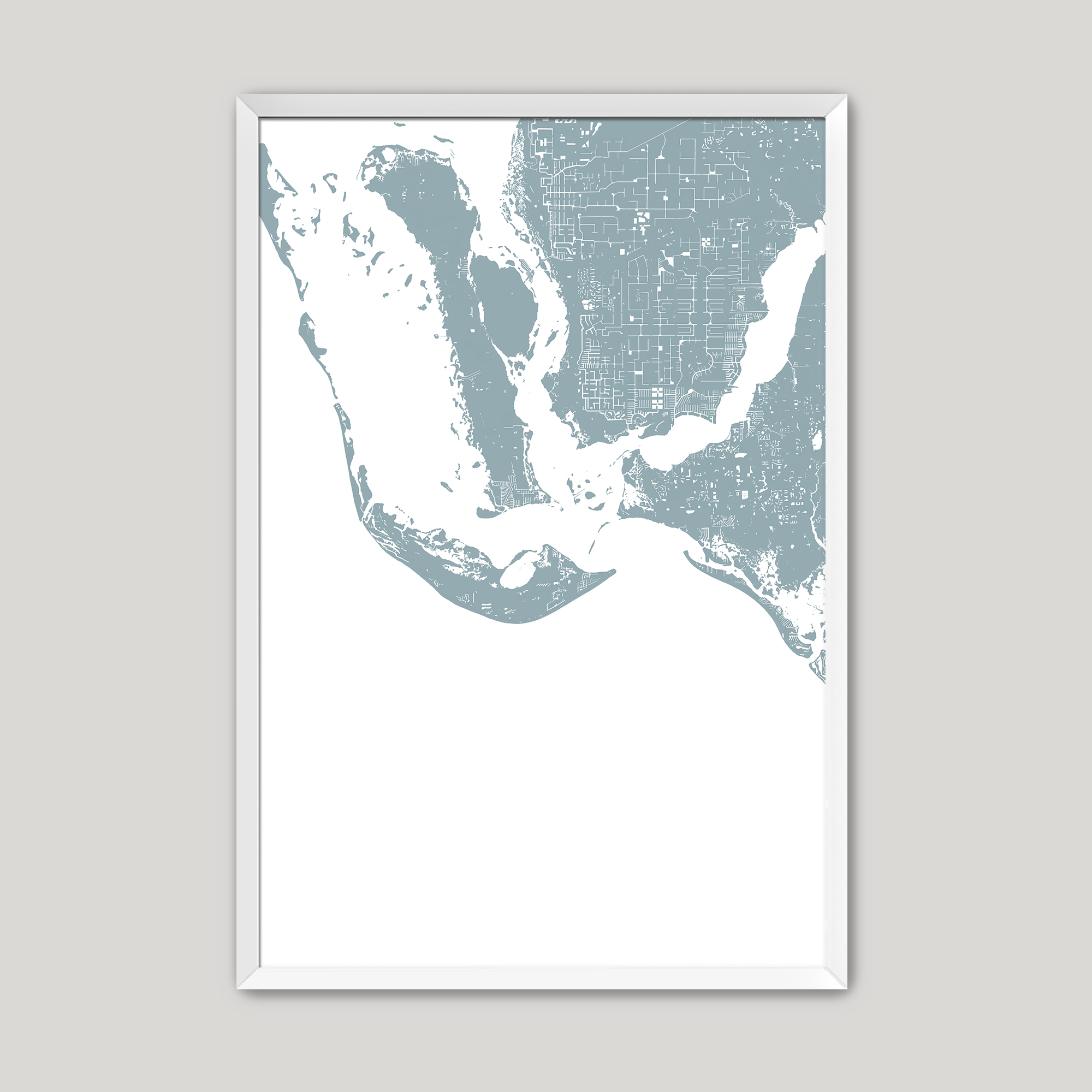 Sanibel Coastal Map — Fine Art Print Vertical, soft-blue, White Frame, 8x10