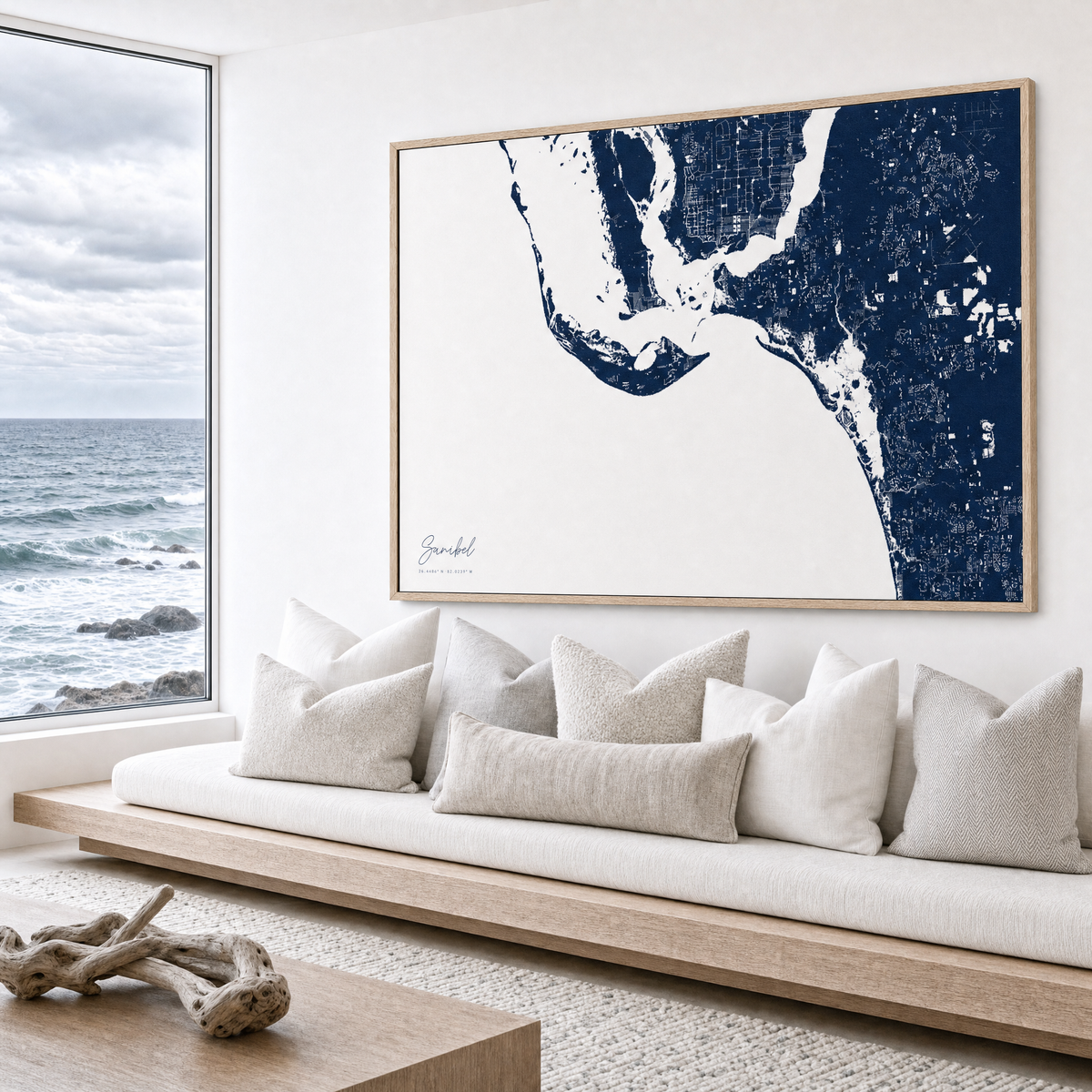 Sanibel canvas map — sea-view bench interior