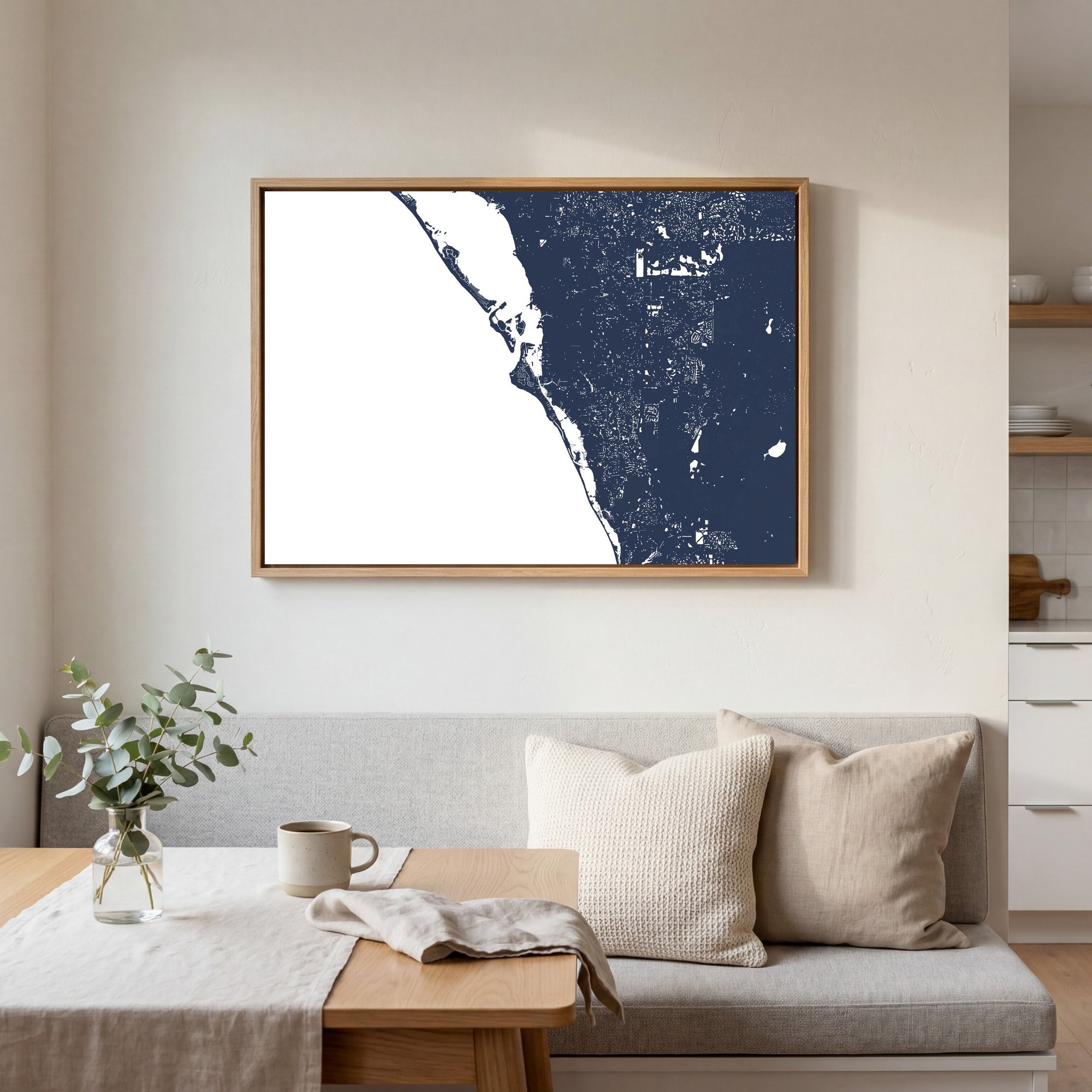 Siesta Key navy horizontal canvas map in an oak framed room scene