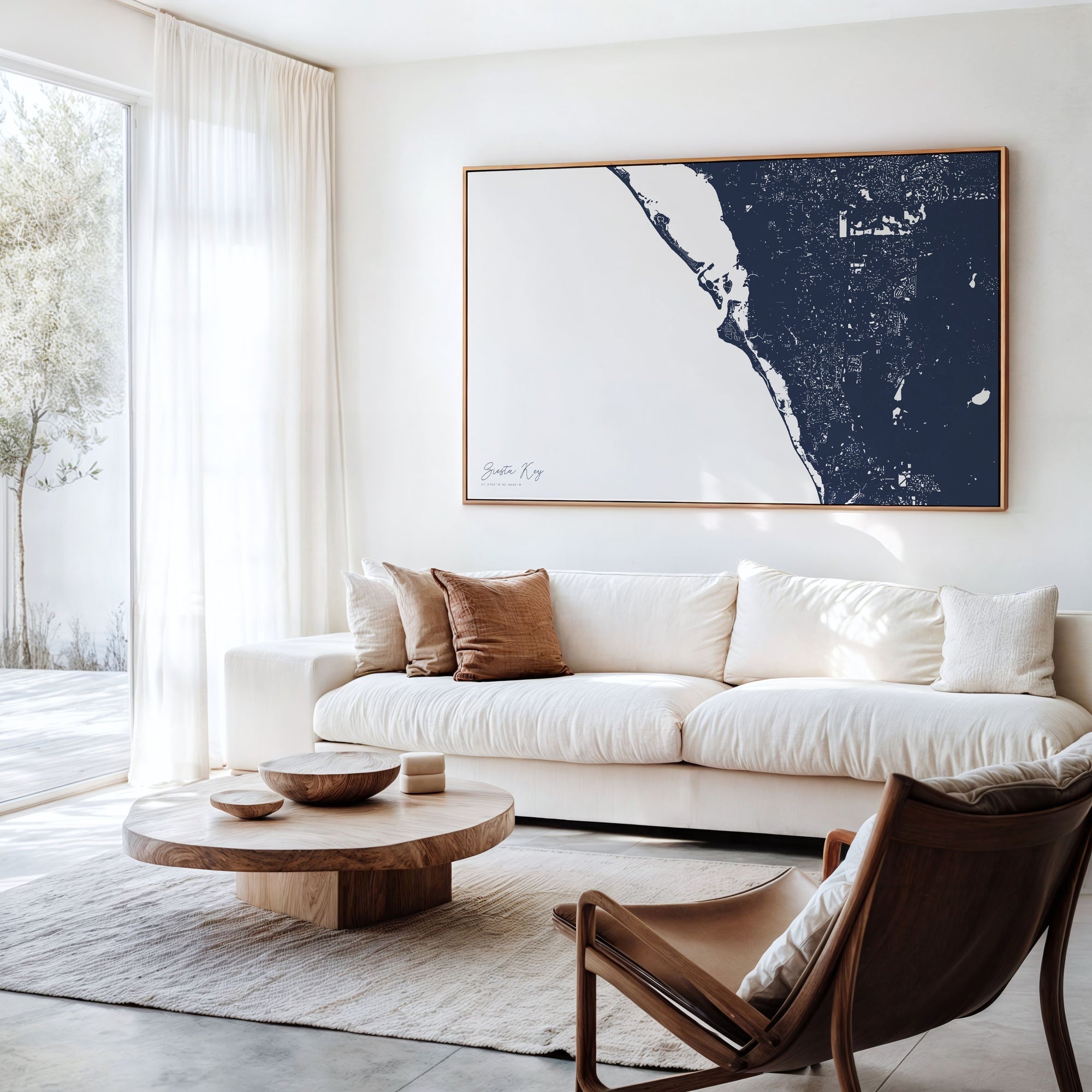Siesta Key navy horizontal canvas map in an oak framed room scene