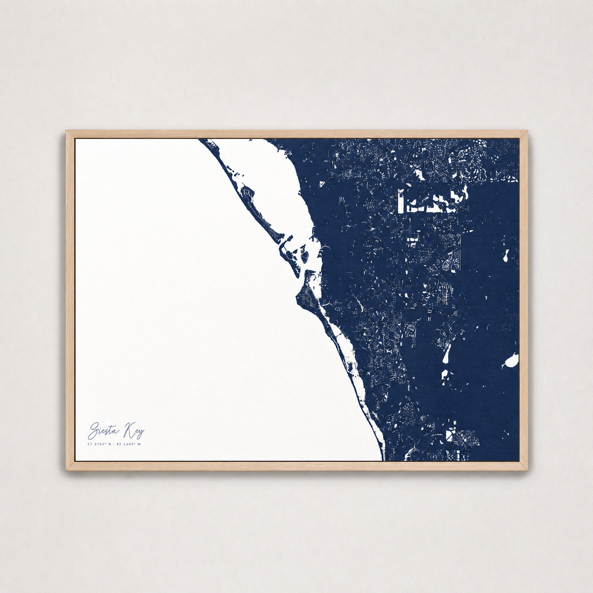 Siesta Key Coastal Map — Canvas Horizontal — navy, Light Wood