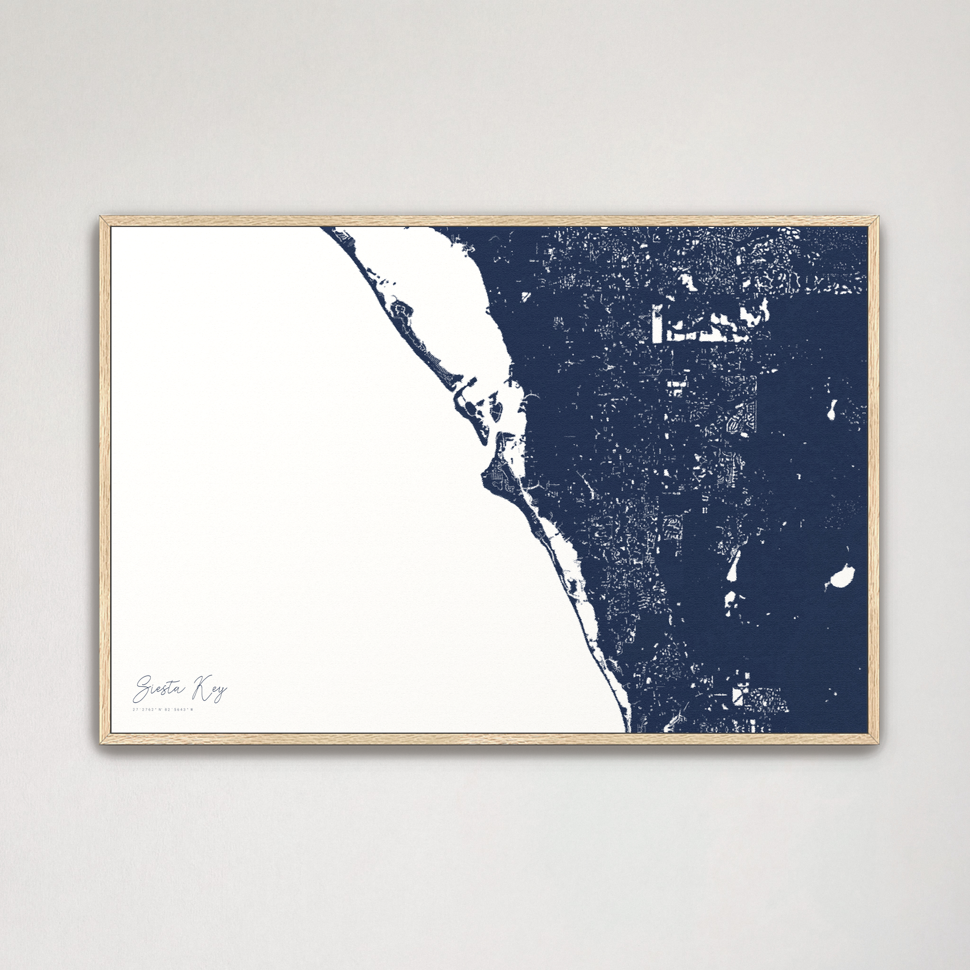Siesta Key Coastal Map — Canvas Horizontal, navy, Natural Oak
