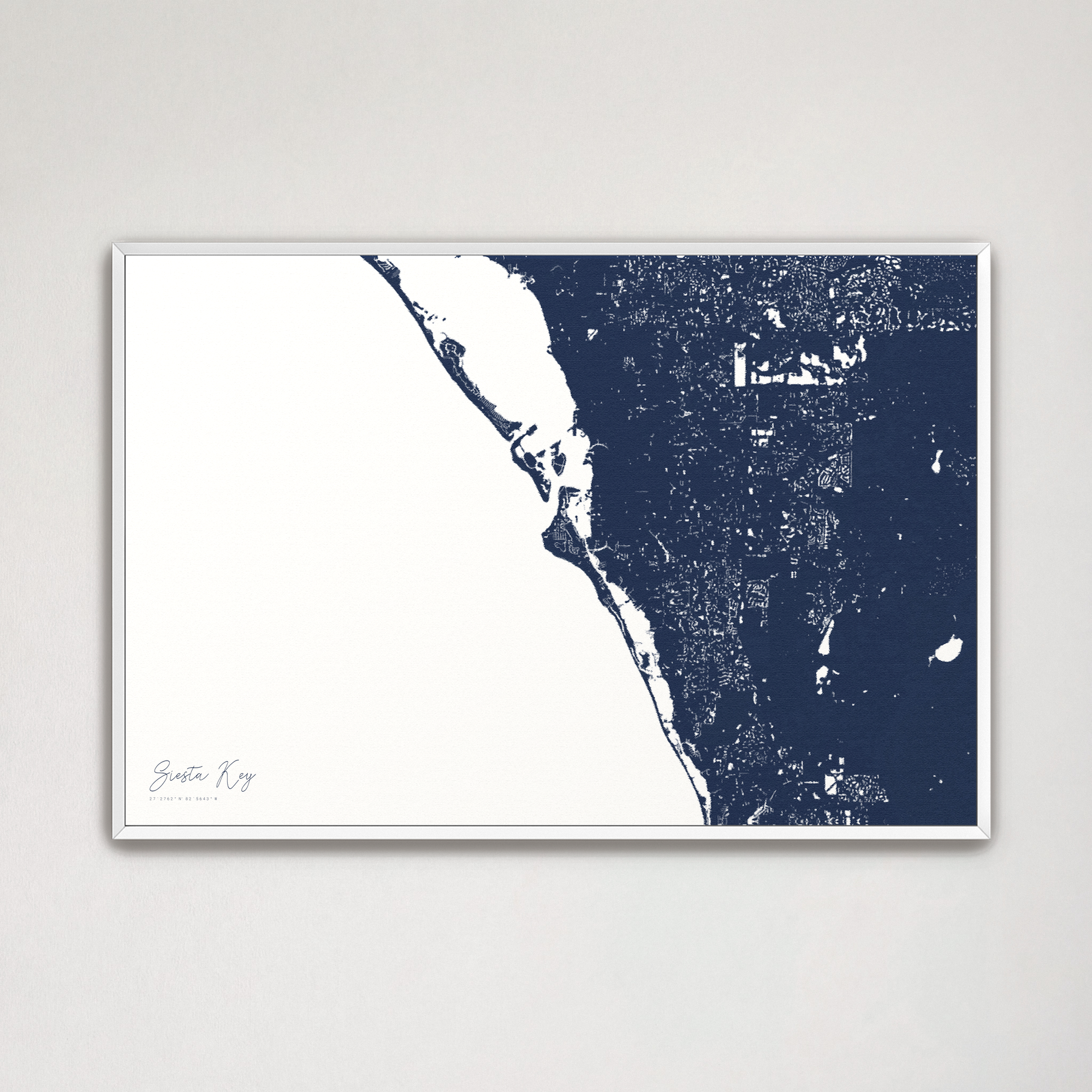 Siesta Key Coastal Map — Canvas Horizontal, navy, White Frame