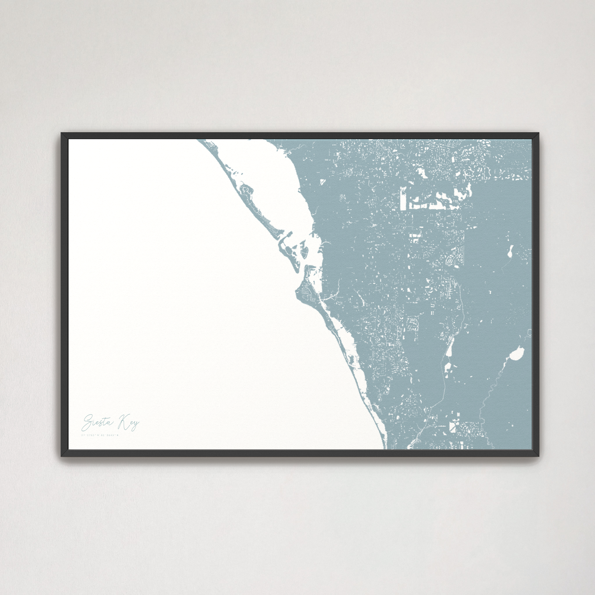 Siesta Key Coastal Map — Canvas Horizontal, soft-blue, Black Frame