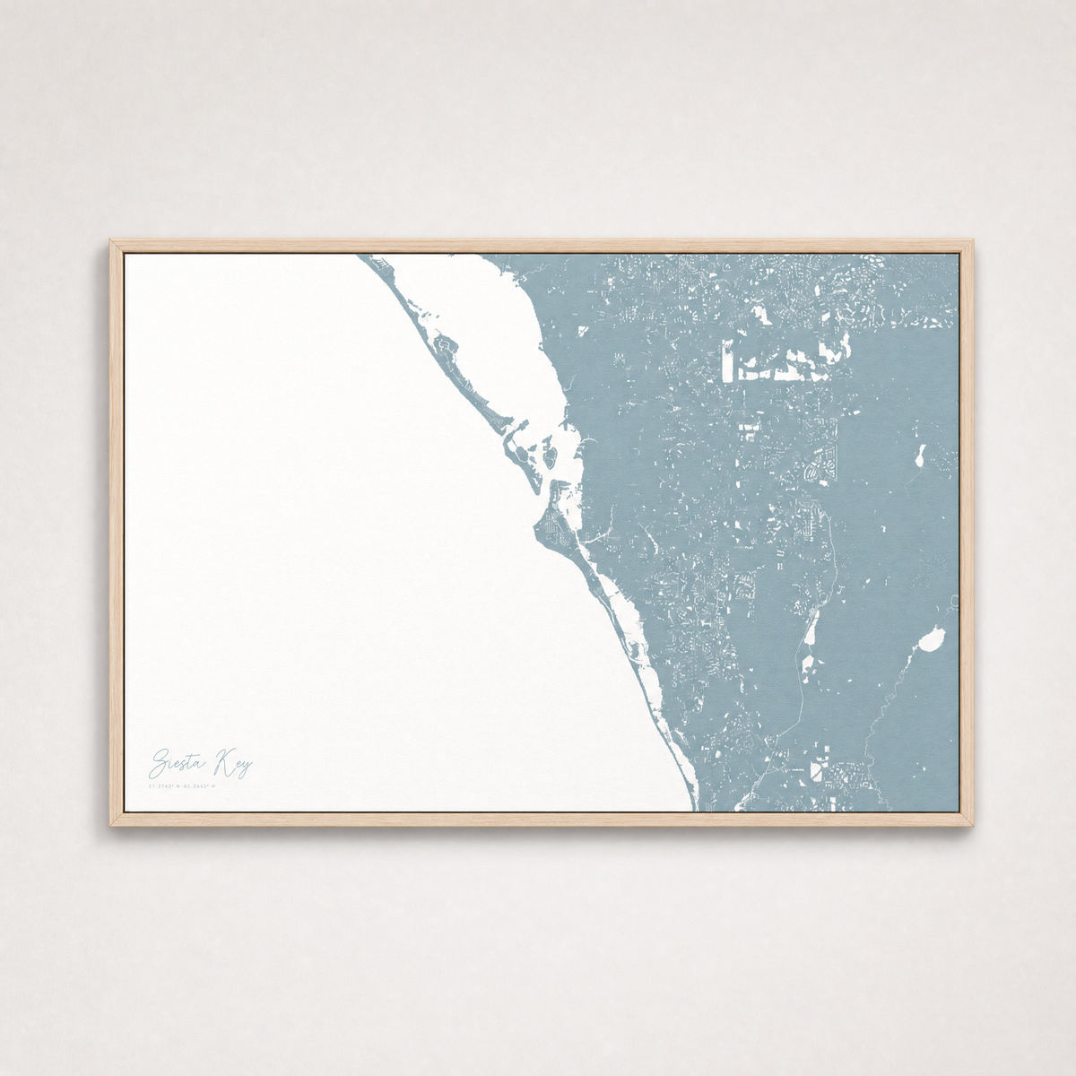 Siesta Key Coastal Map — Canvas Horizontal — soft-blue, Light Wood
