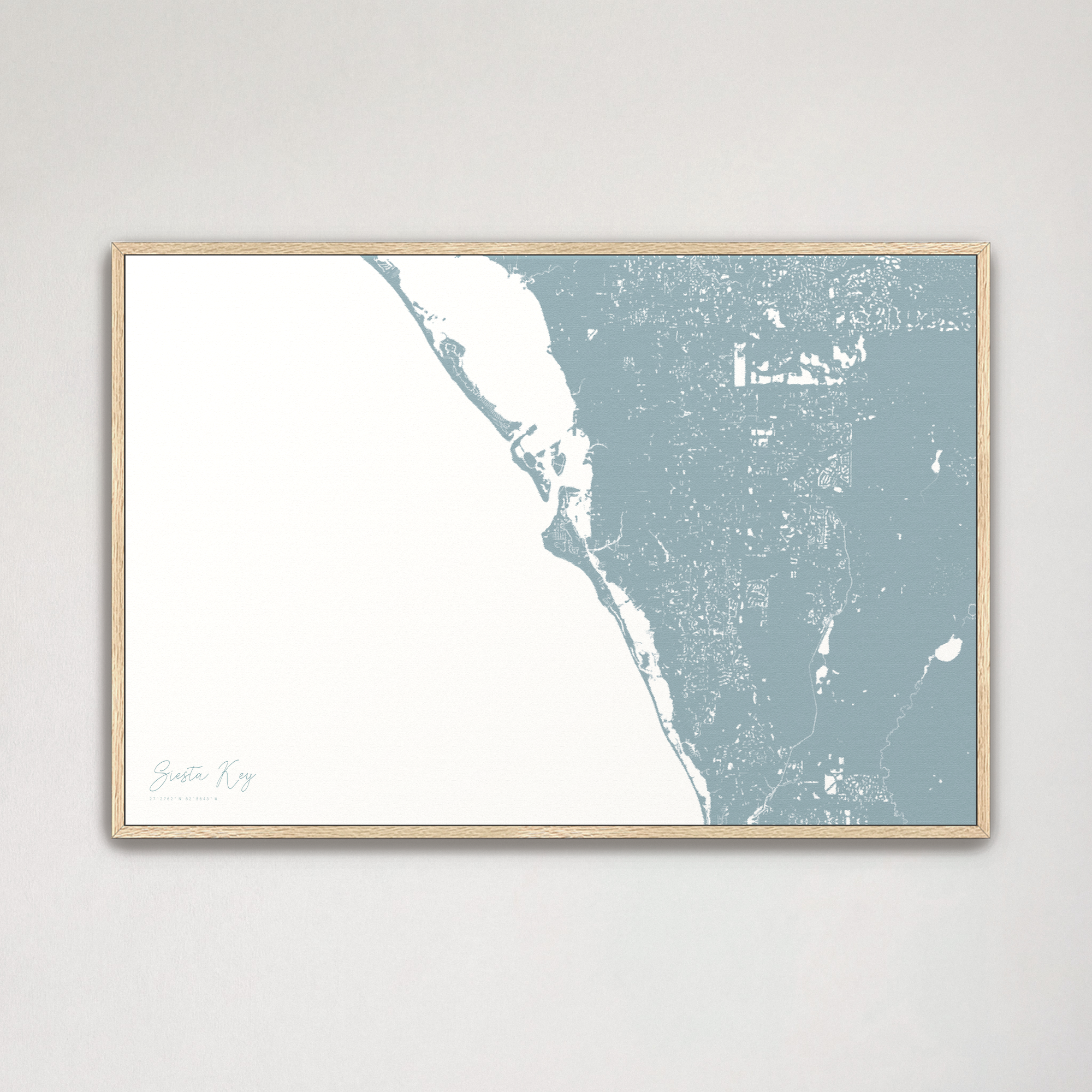 Siesta Key Coastal Map — Canvas Horizontal, soft-blue, Natural Oak