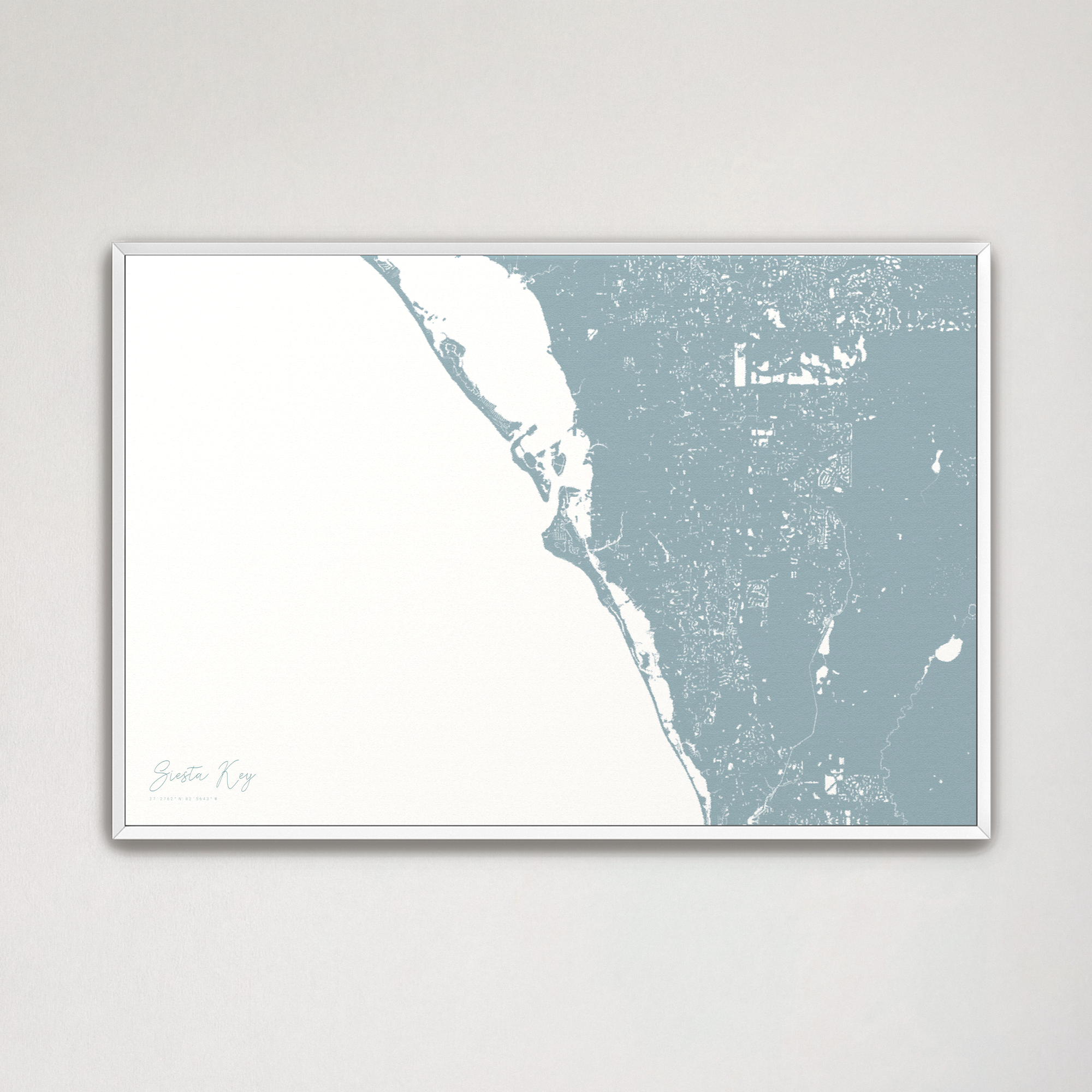 Siesta Key Coastal Map — Canvas Horizontal, soft-blue, White Frame