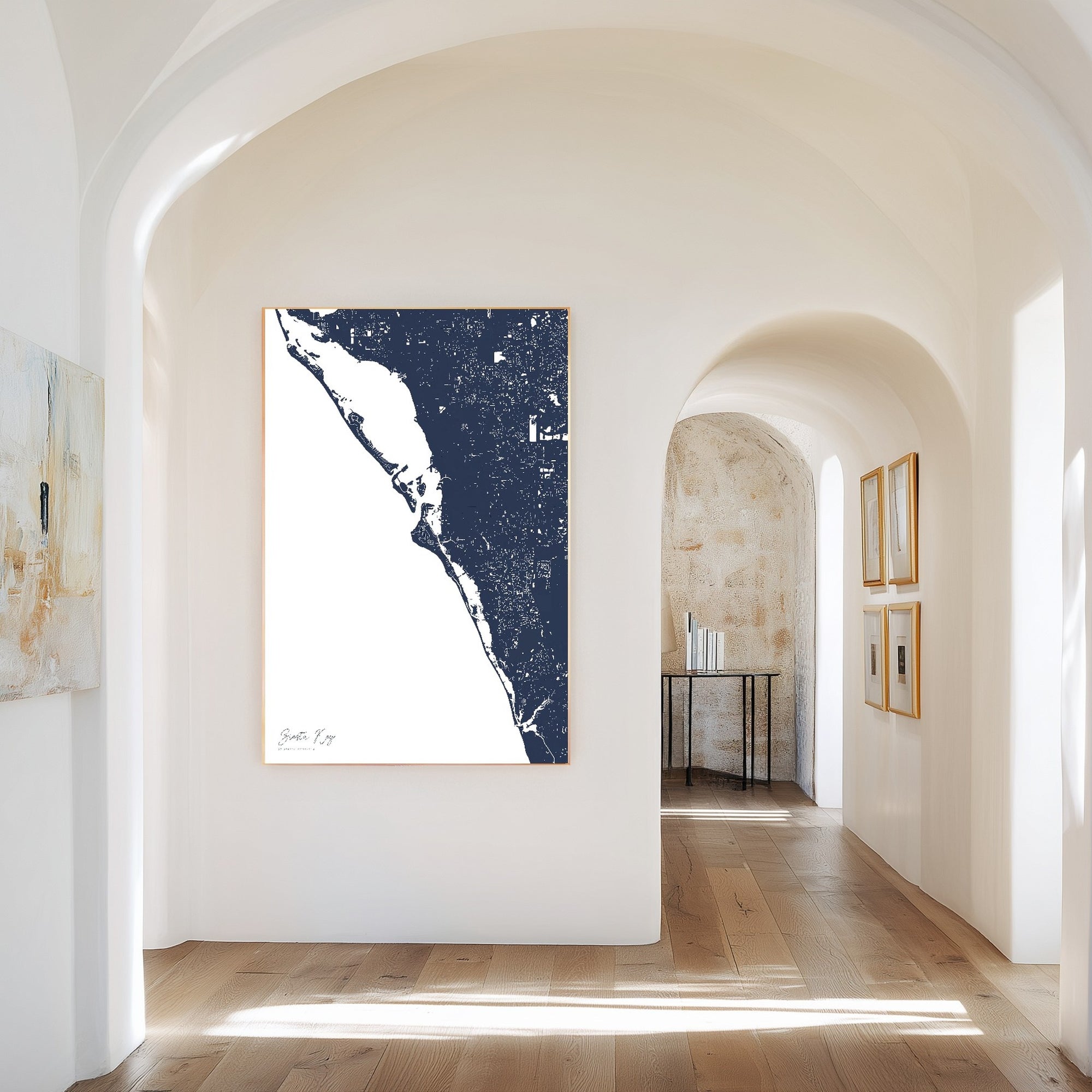 Siesta Key navy vertical canvas map in the Bello mixed room scene