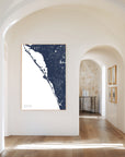Siesta Key navy vertical canvas map in the Bello mixed room scene