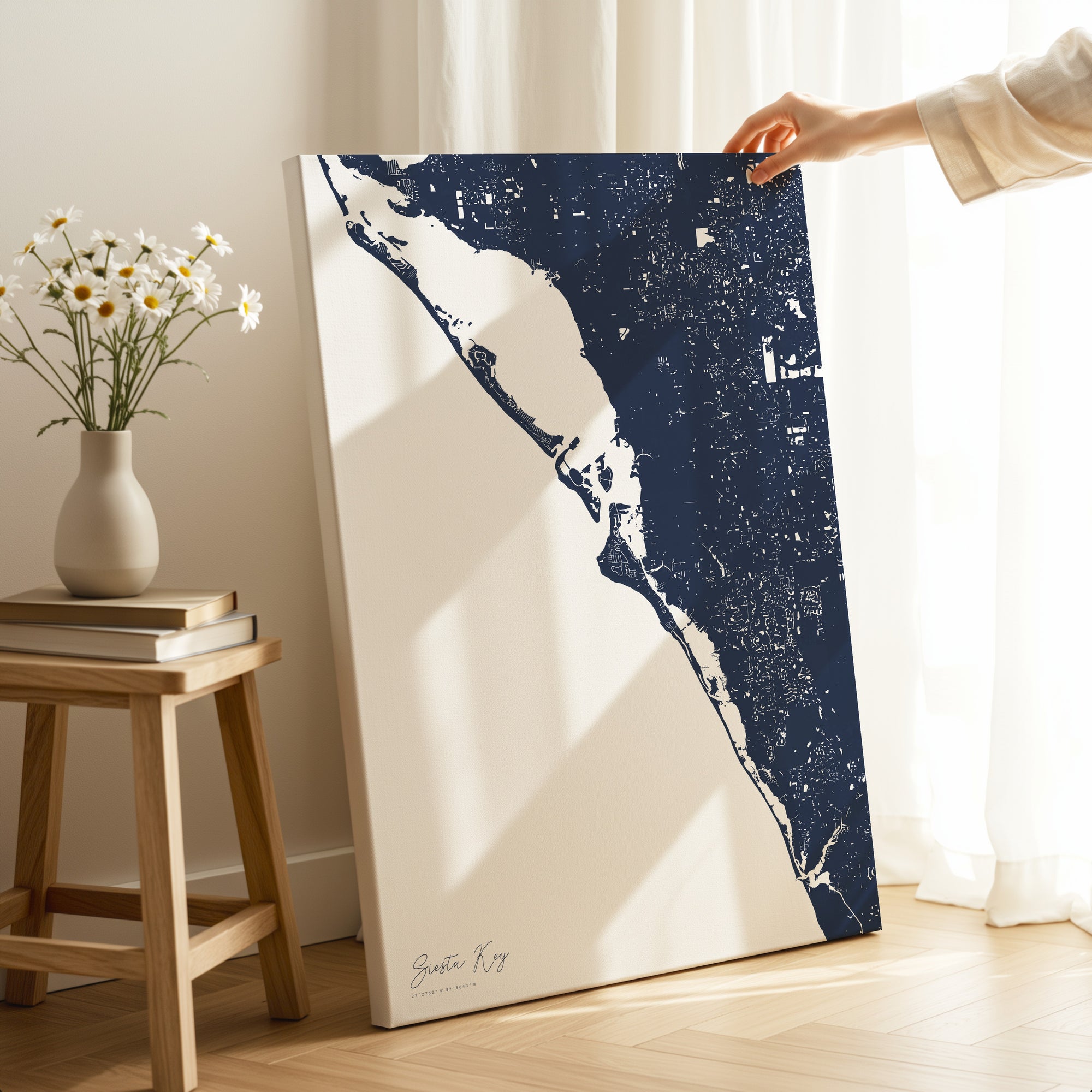 Siesta Key navy vertical wrapped canvas map in the ratio 2:3 hand mockup