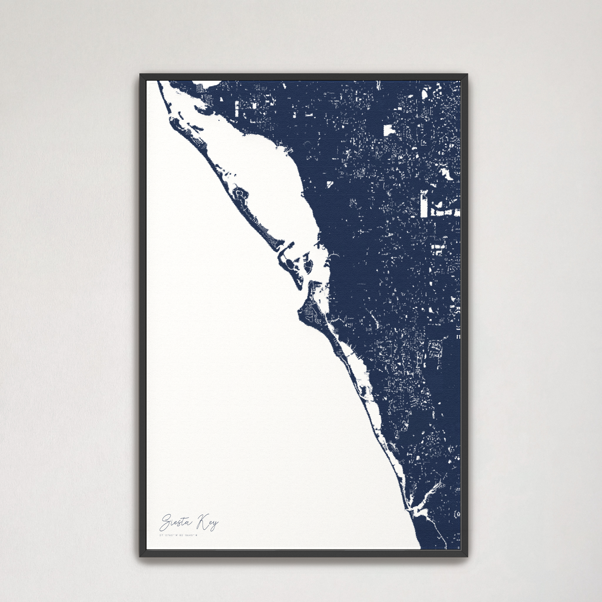 Siesta Key Coastal Map — Canvas Vertical, navy, Black Frame