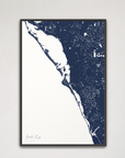Siesta Key Coastal Map — Canvas Vertical, navy, Black Frame