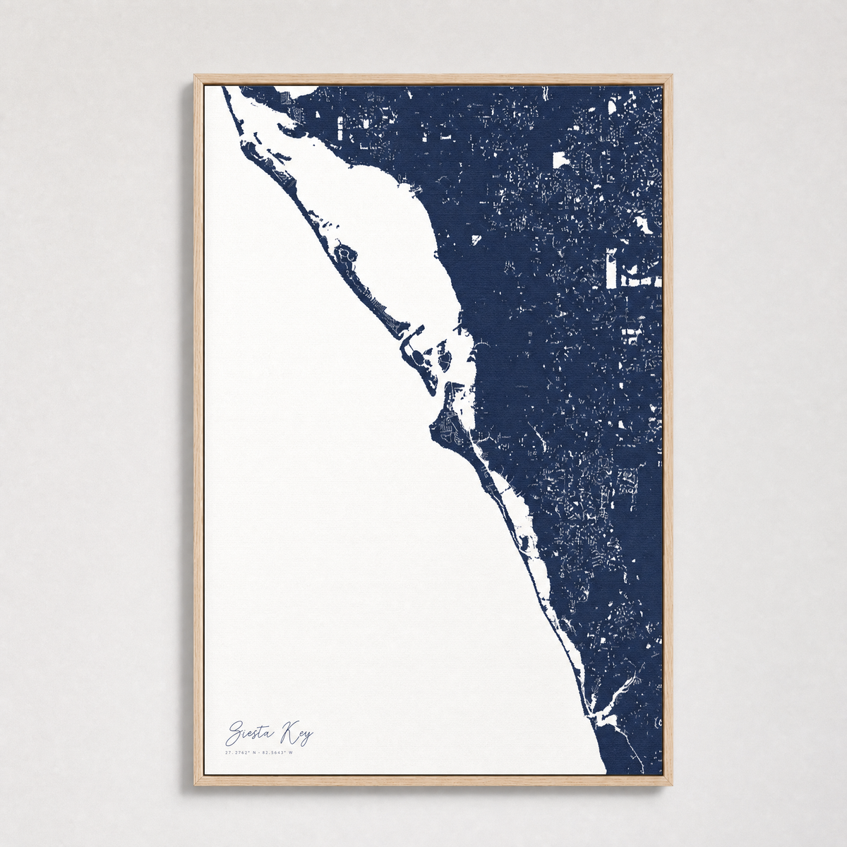 Siesta Key Coastal Map — Canvas Vertical — navy, Light Wood