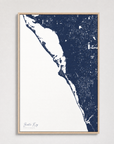 Siesta Key Coastal Map — Canvas Vertical — navy, Light Wood