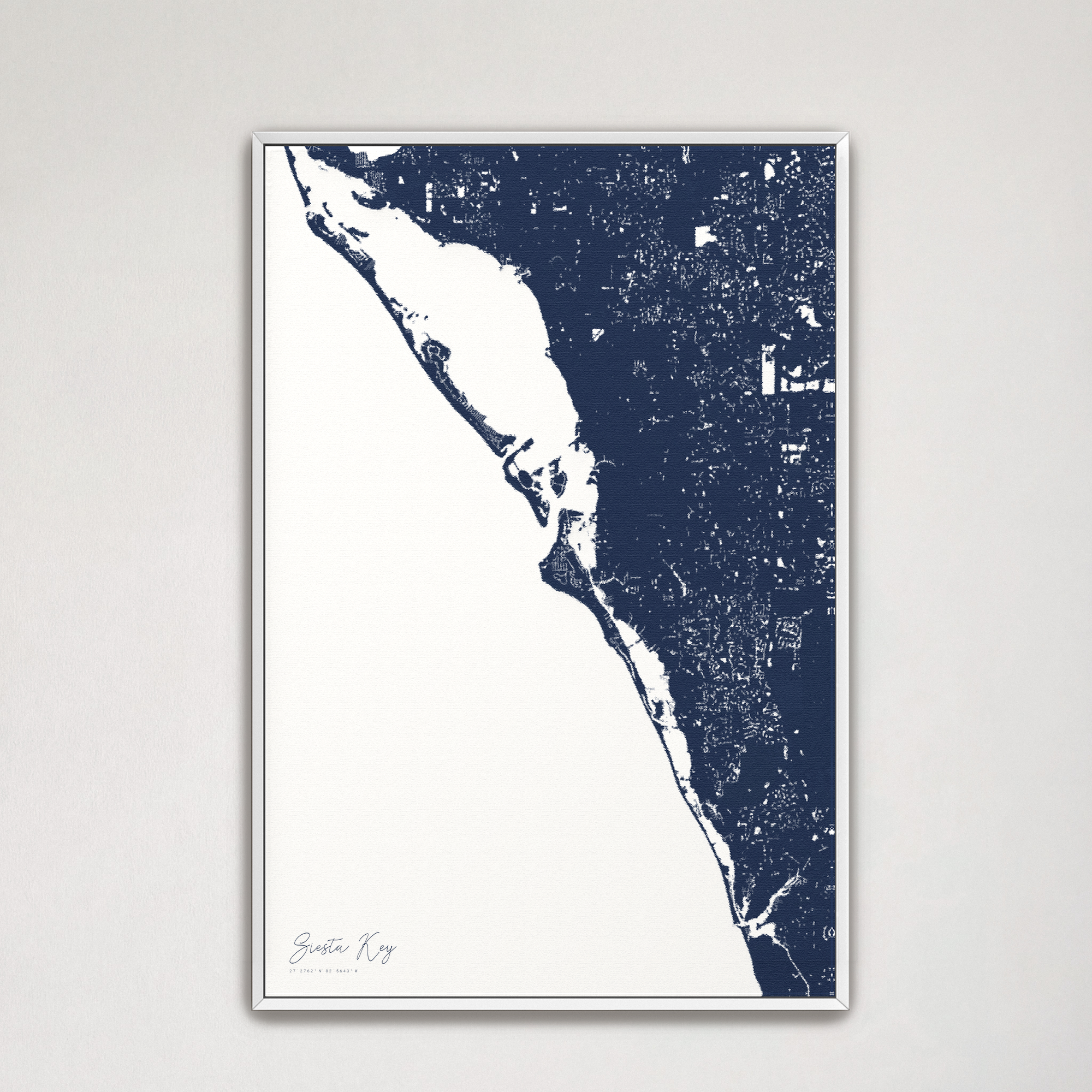 Siesta Key Coastal Map — Canvas Vertical, navy, White Frame