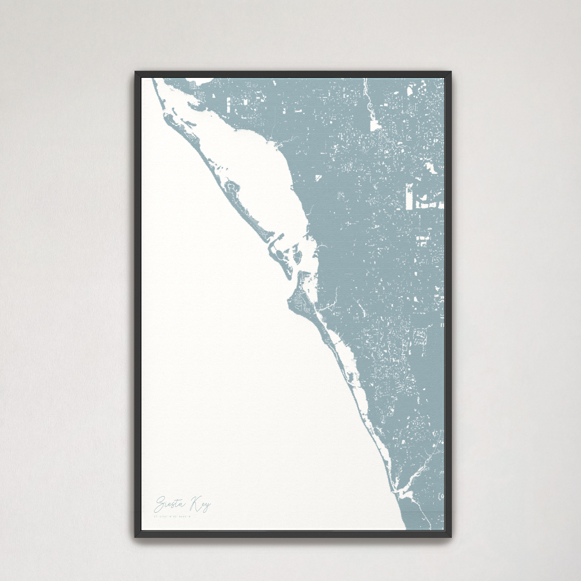 Siesta Key Coastal Map — Canvas Vertical, soft-blue, Black Frame