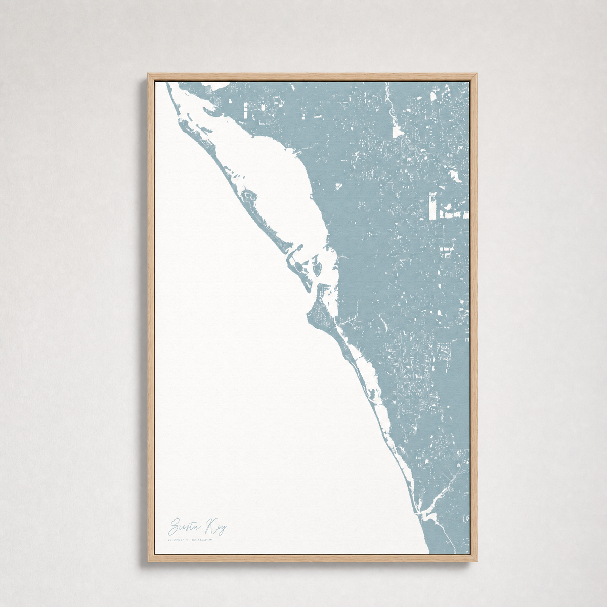 Siesta Key Coastal Map — Canvas Vertical — soft-blue, Light Wood