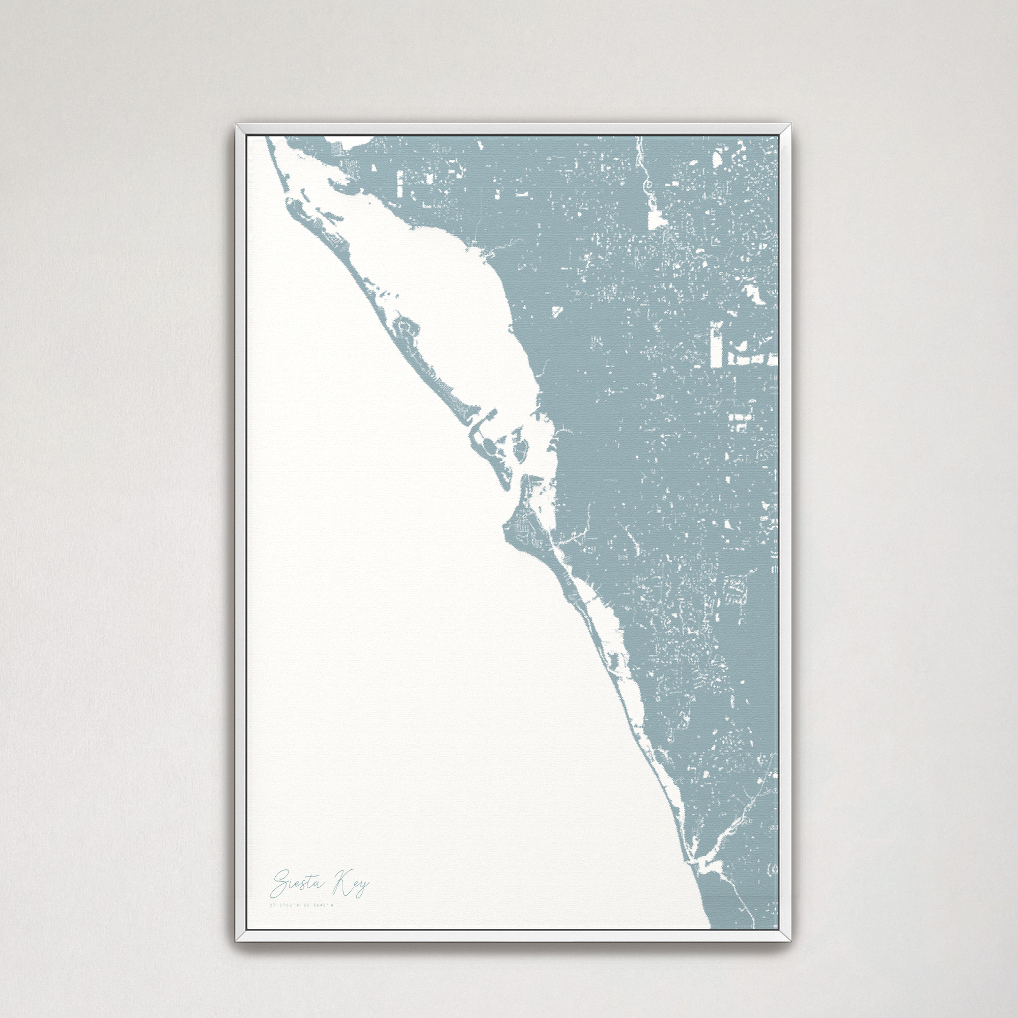 Siesta Key Coastal Map — Canvas Vertical, soft-blue, White Frame