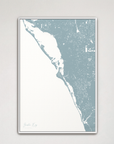Siesta Key Coastal Map — Canvas Vertical, soft-blue, White Frame