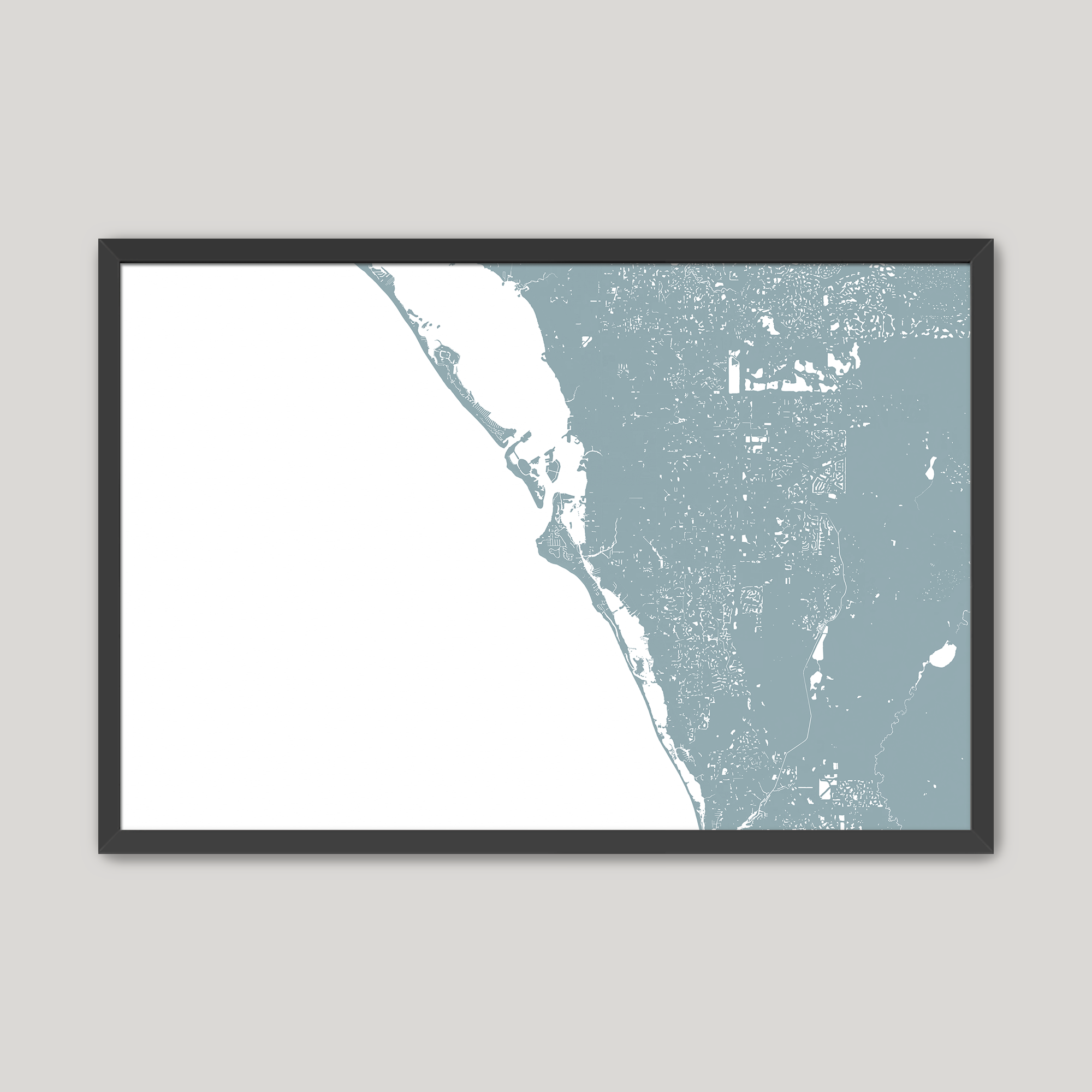 Siesta Key Coastal Map — Fine Art Print Horizontal, soft-blue, Black Frame, 10x8