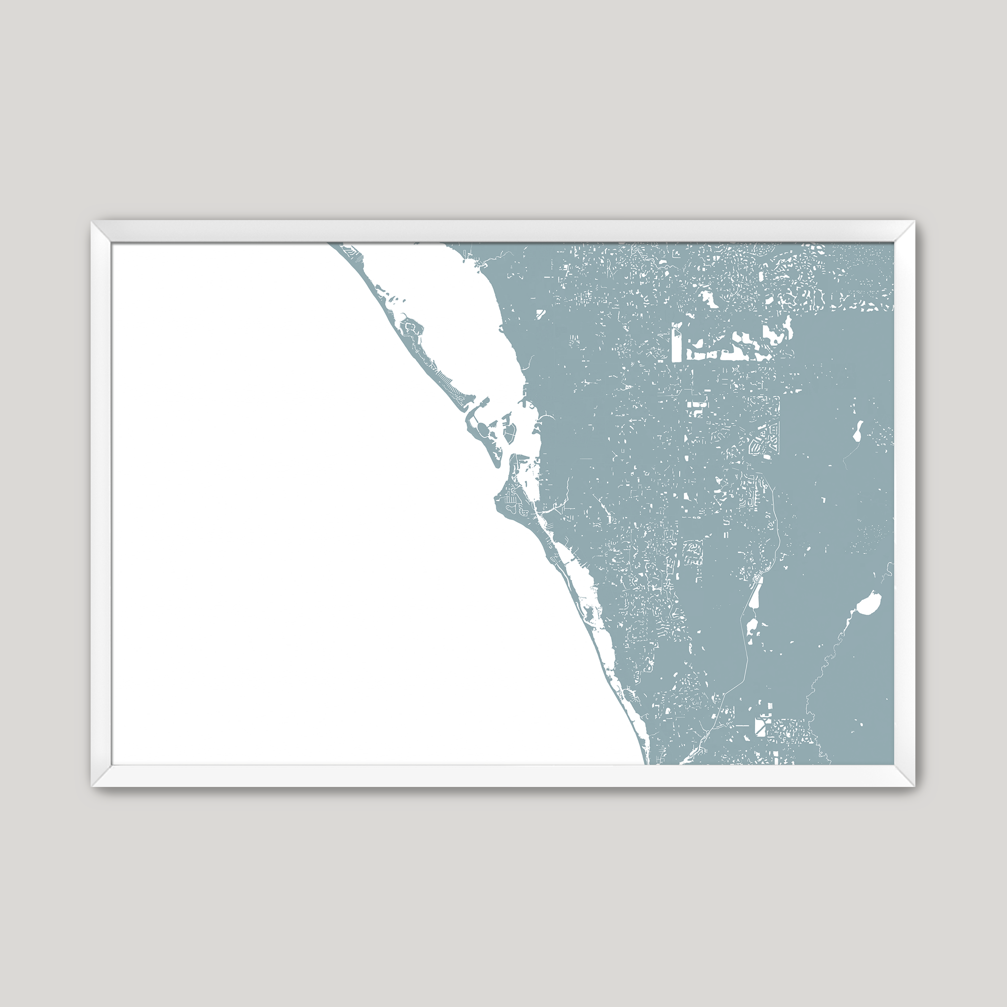 Siesta Key Coastal Map — Fine Art Print Horizontal, soft-blue, White Frame, 10x8